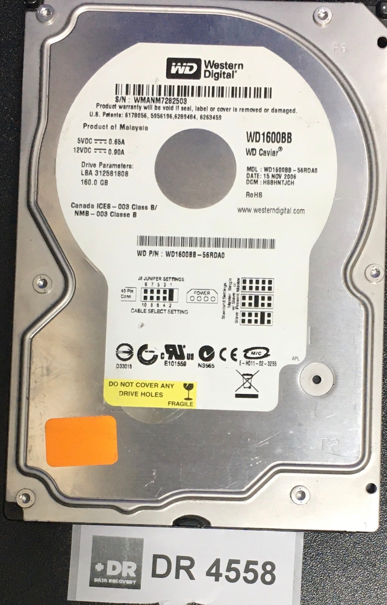 WD1600BB'56RDA0,  Serial: WMANM7282503,  160GB 3.5  20690-701292-002 PCB:- REV A