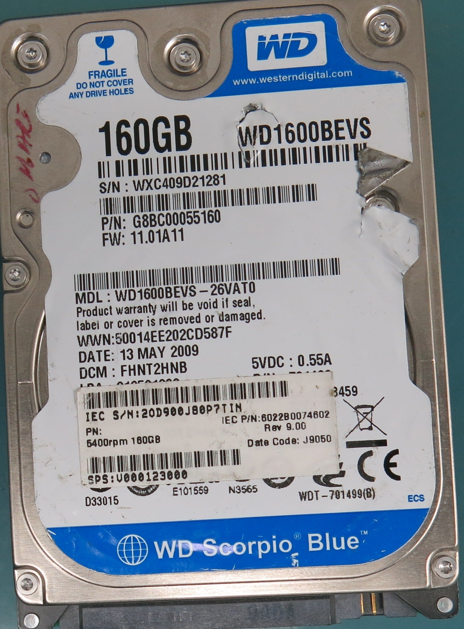 WD1600BEVS-26VAT0,  DCM FHNT2HNB,  Serial Number:  WXC409D21281,  160GB 2.5,  PCB 2060-701499-000 REV A,