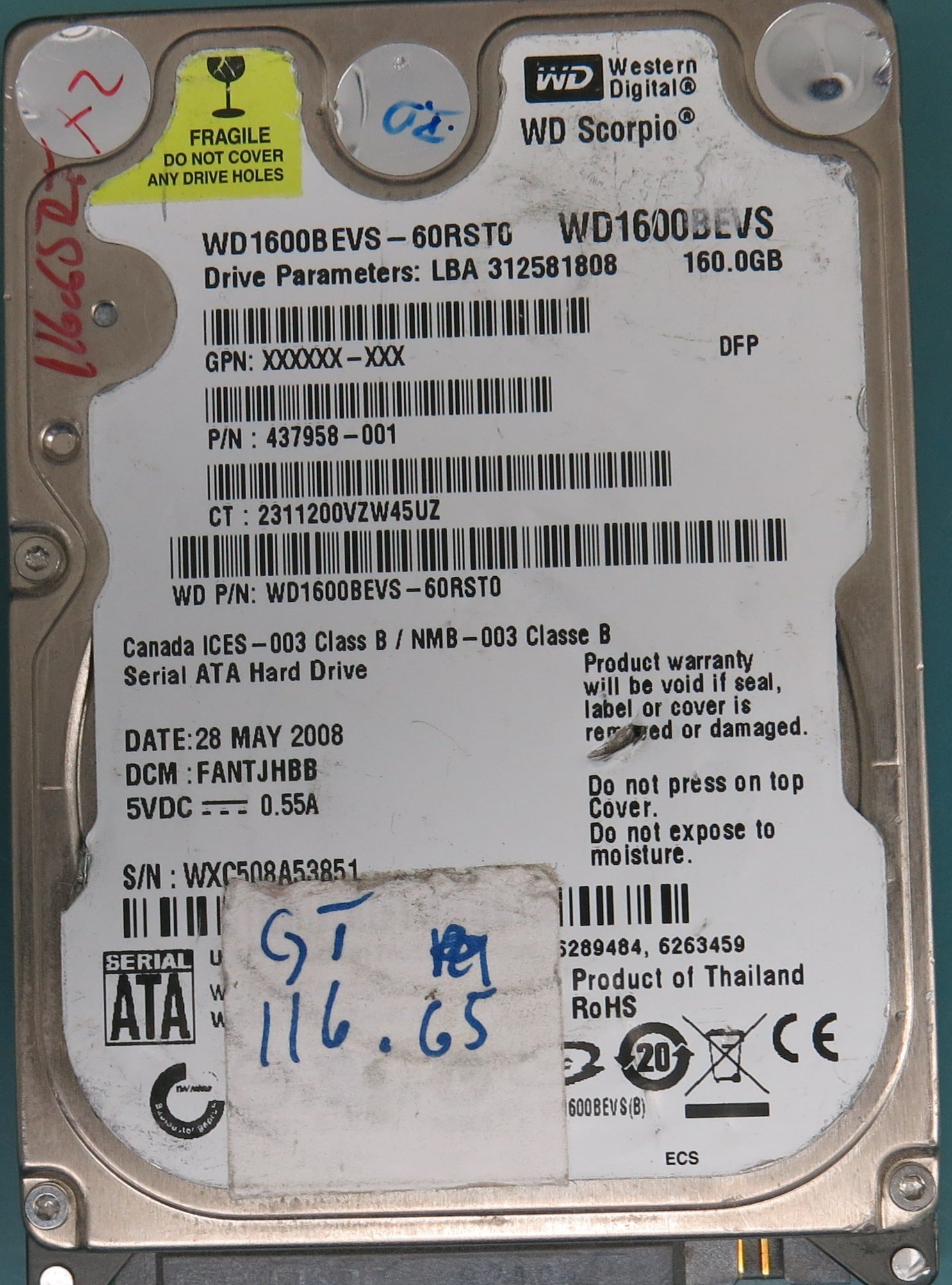 WD1600BEVS-60RST0,  DCM FANTJHBB,  Serial Number:  WXC508A53851,  160GB 2.5,  PCB 2060-701450-011 REV A,