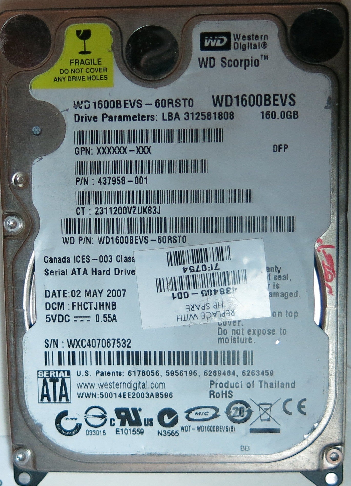 WD1600BEVS-60RST0, DCM FHCTJHNB, 2060-701450-011 REV A PCB