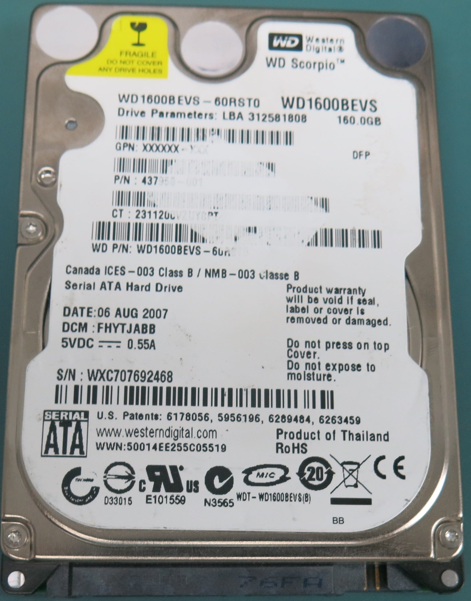 WD1600BEVS-60RST0,  DCM FHYTJABB,  Serial Number: WXC707692468,  160GB 3.5,  PCB 2060-701450-011 REV A,  For Sale donor hard drive in good