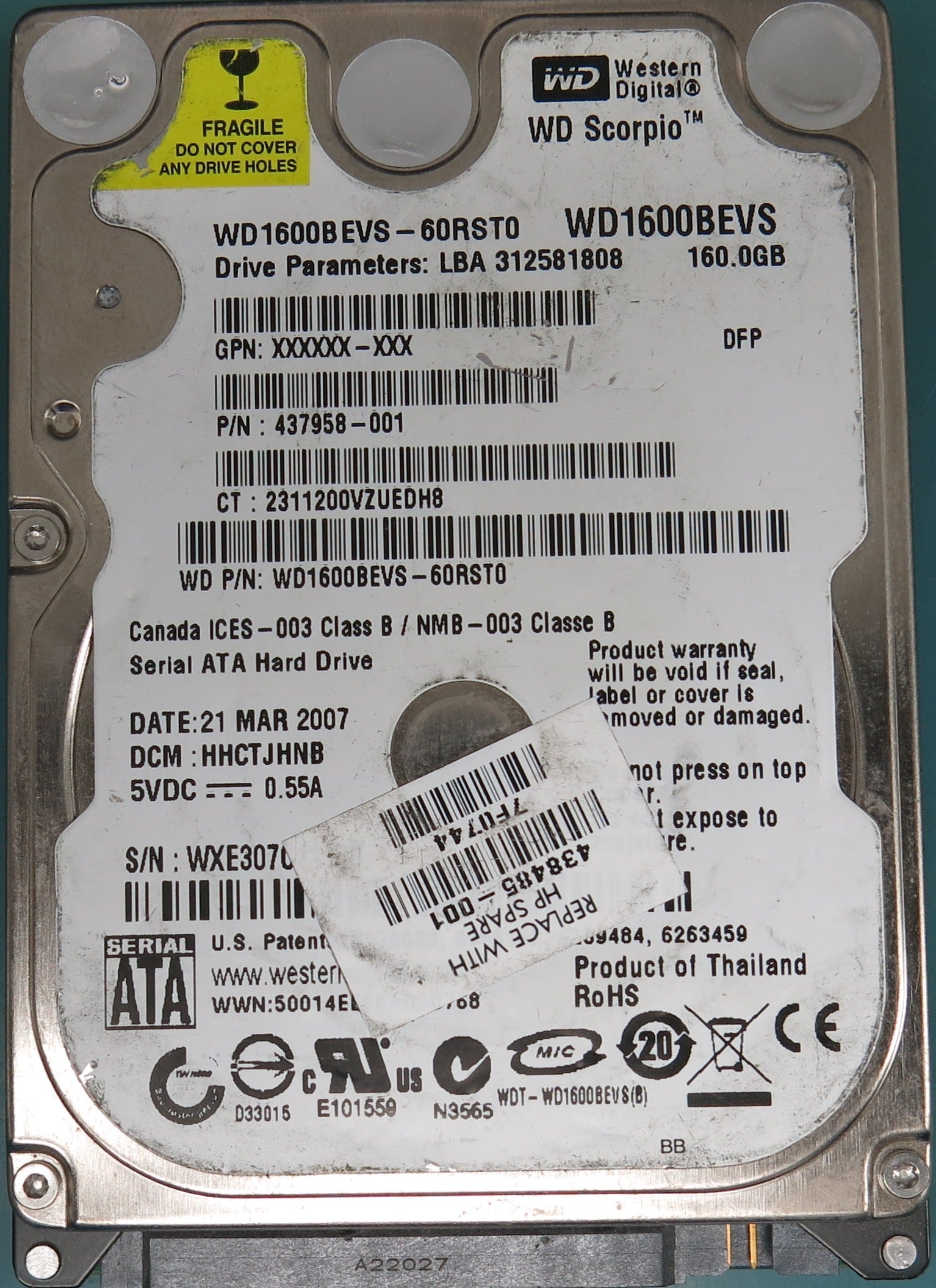 WD1600BEVS-60RST0  DCM HHCTJHNB  Serial Number:    160GB 2.5,  PCB 2060-701450-011 REV A,