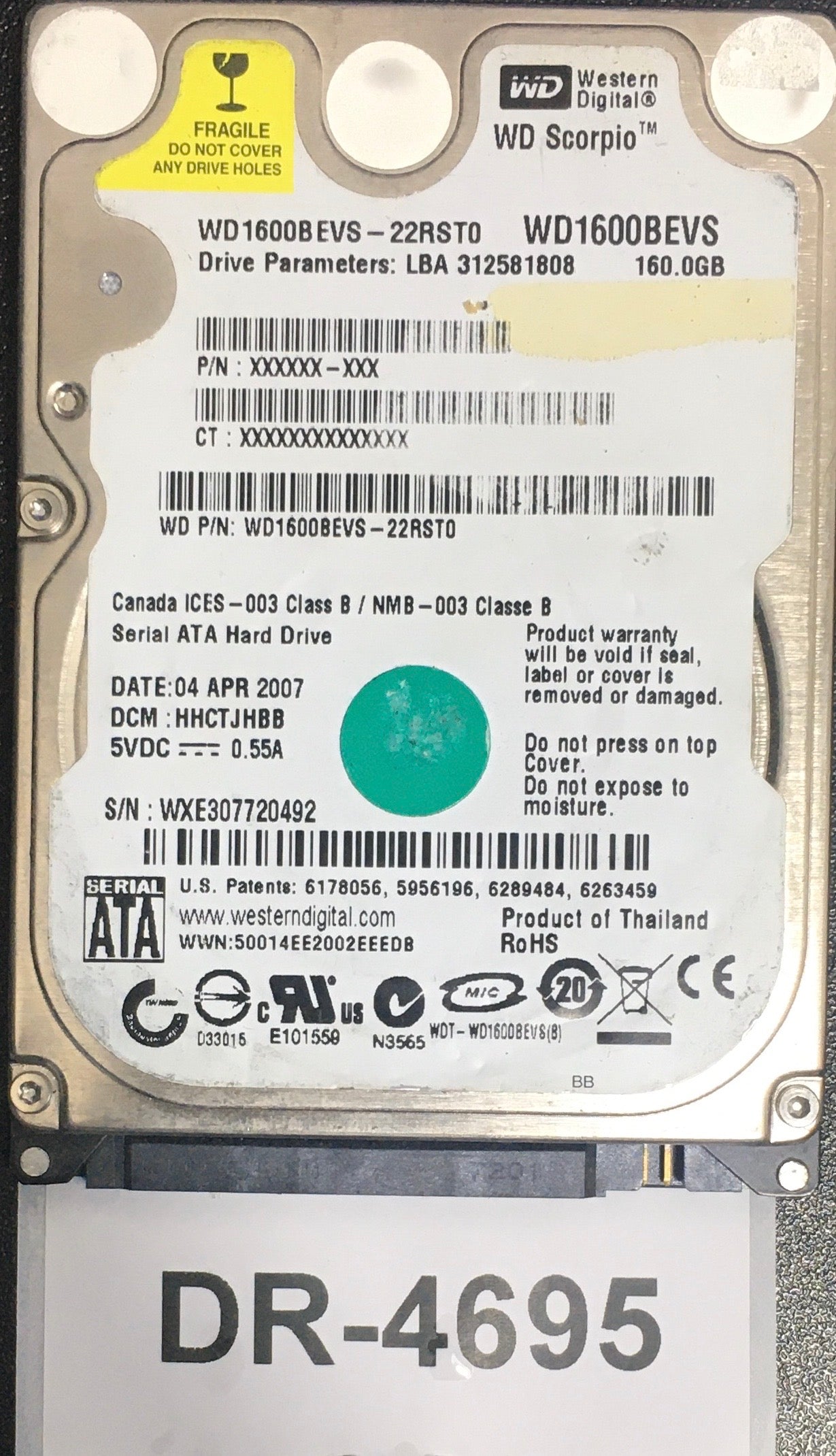 WD1600BEVS,  Serial: WXE307720492,  160GB 2.5,  PCB: 2060-701450-011- REV A,