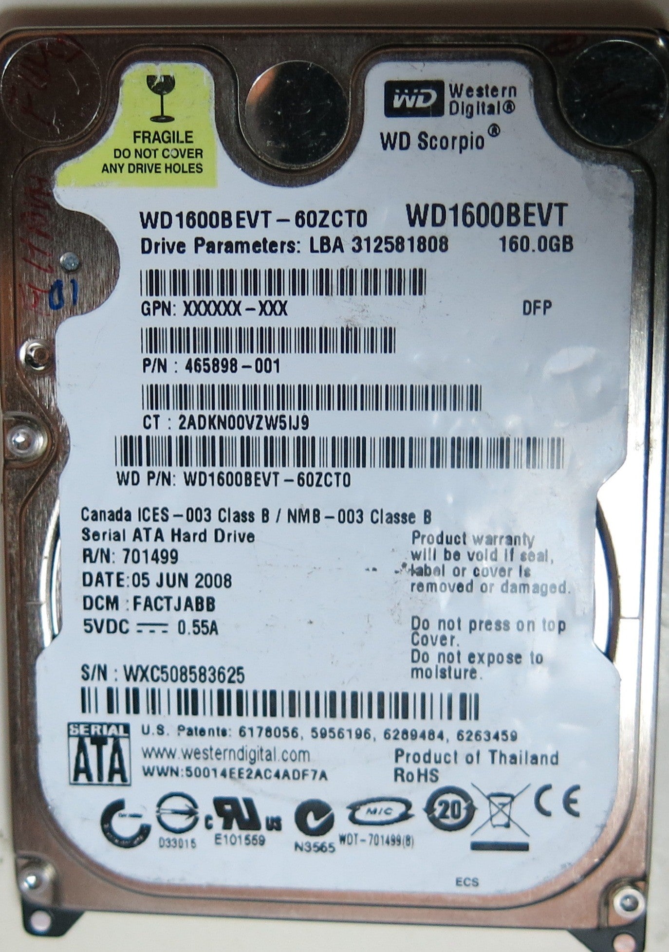 WD1600BEVT-60ZCT0, DCM FACTJABB, 2060-701499-000 REV A PCB