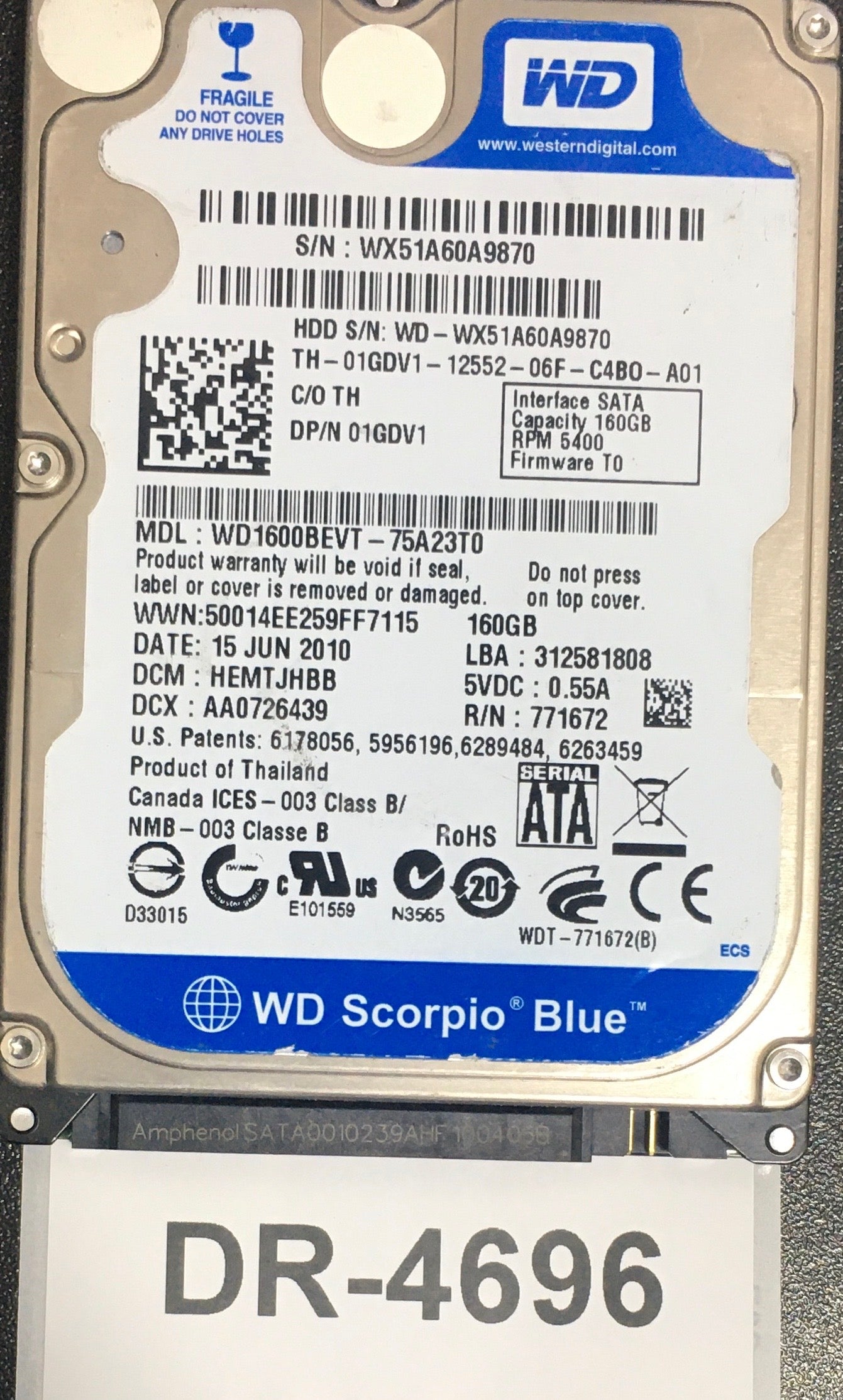 WD1600BEVT-7523T0,  Serial: WX51A60A9870,  160GB 2.5,  PCB: 2060-771672-004- REV A,