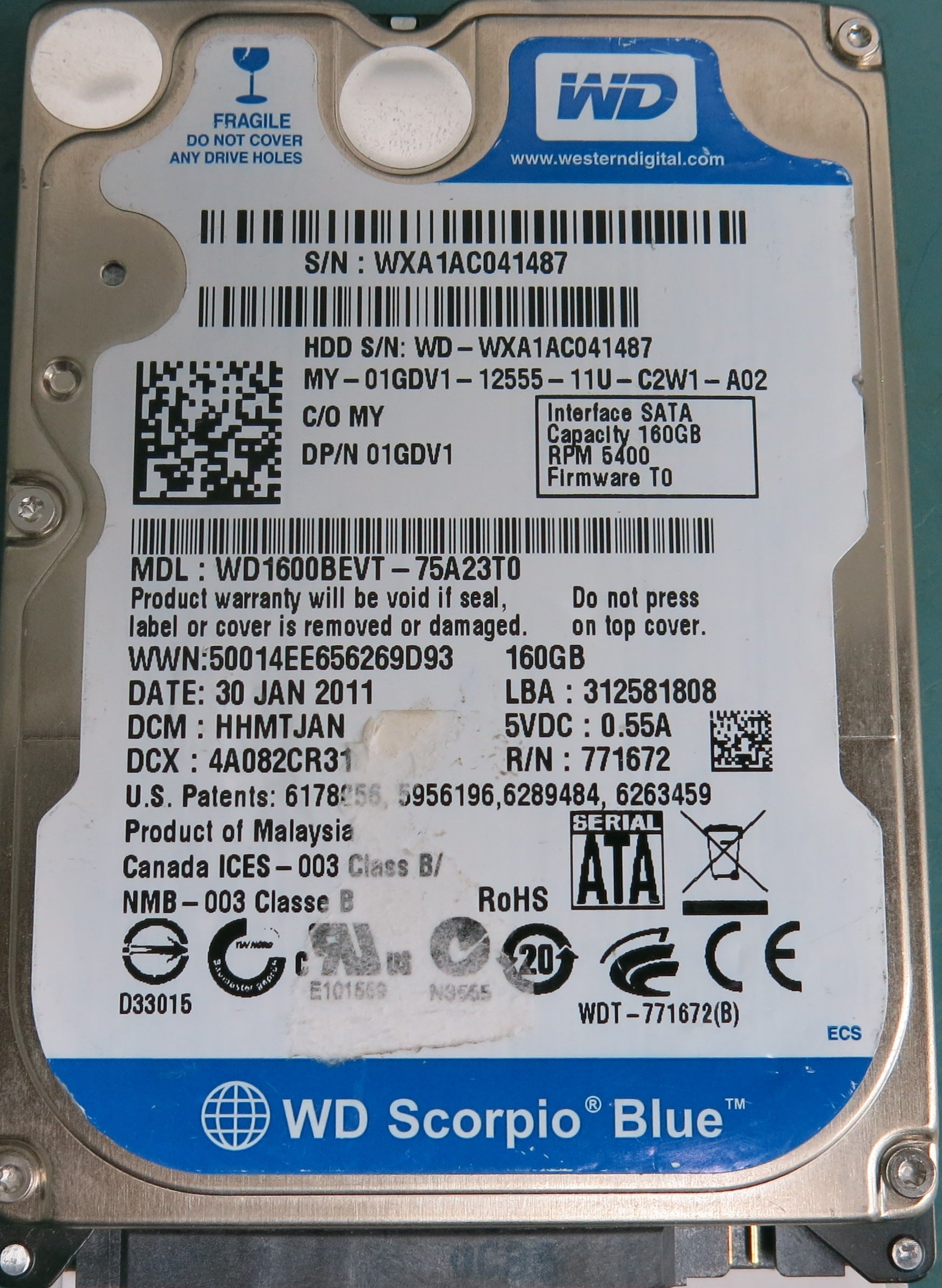 WD1600BEVT-75A23T0, DCM HHMTJAN, WXA1AC041487, 160GB 2.5, PCB 2060-771672-004 REV A