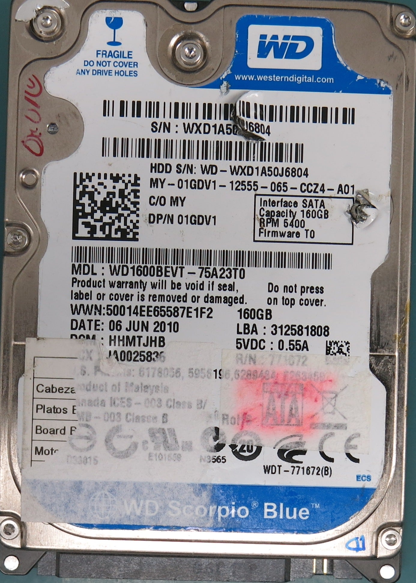 WD1600BEVT-75A23T0  DCM HHMTJHB  Serial Number: WCD1A50J6804  160GB 2.5  PCB 2060-771672-004 REV A