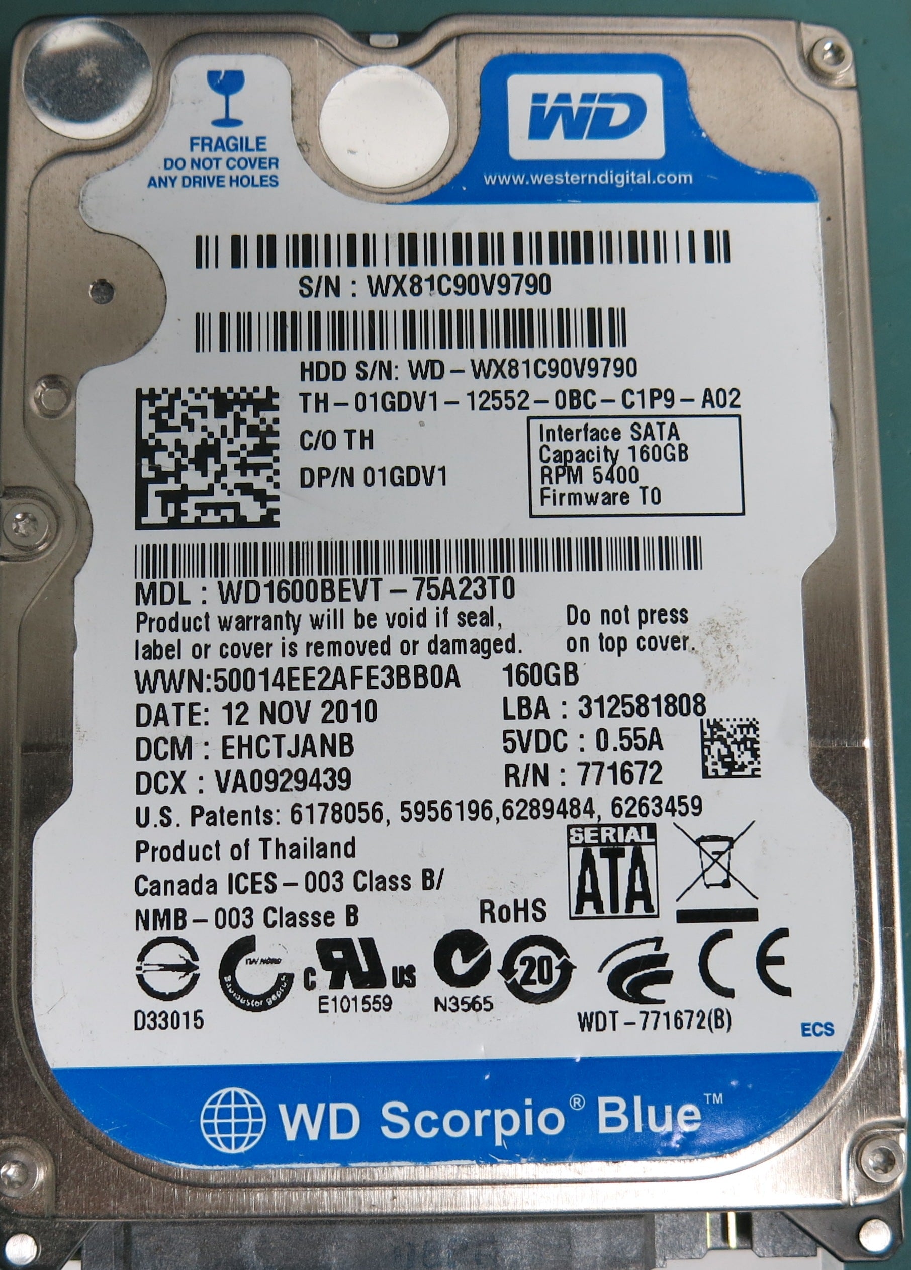 WD1600BEVT-75A23T0, EHCTJANB, WX81C90V9790, 160GB 2.5, PCB 2060-771672-004 REV A