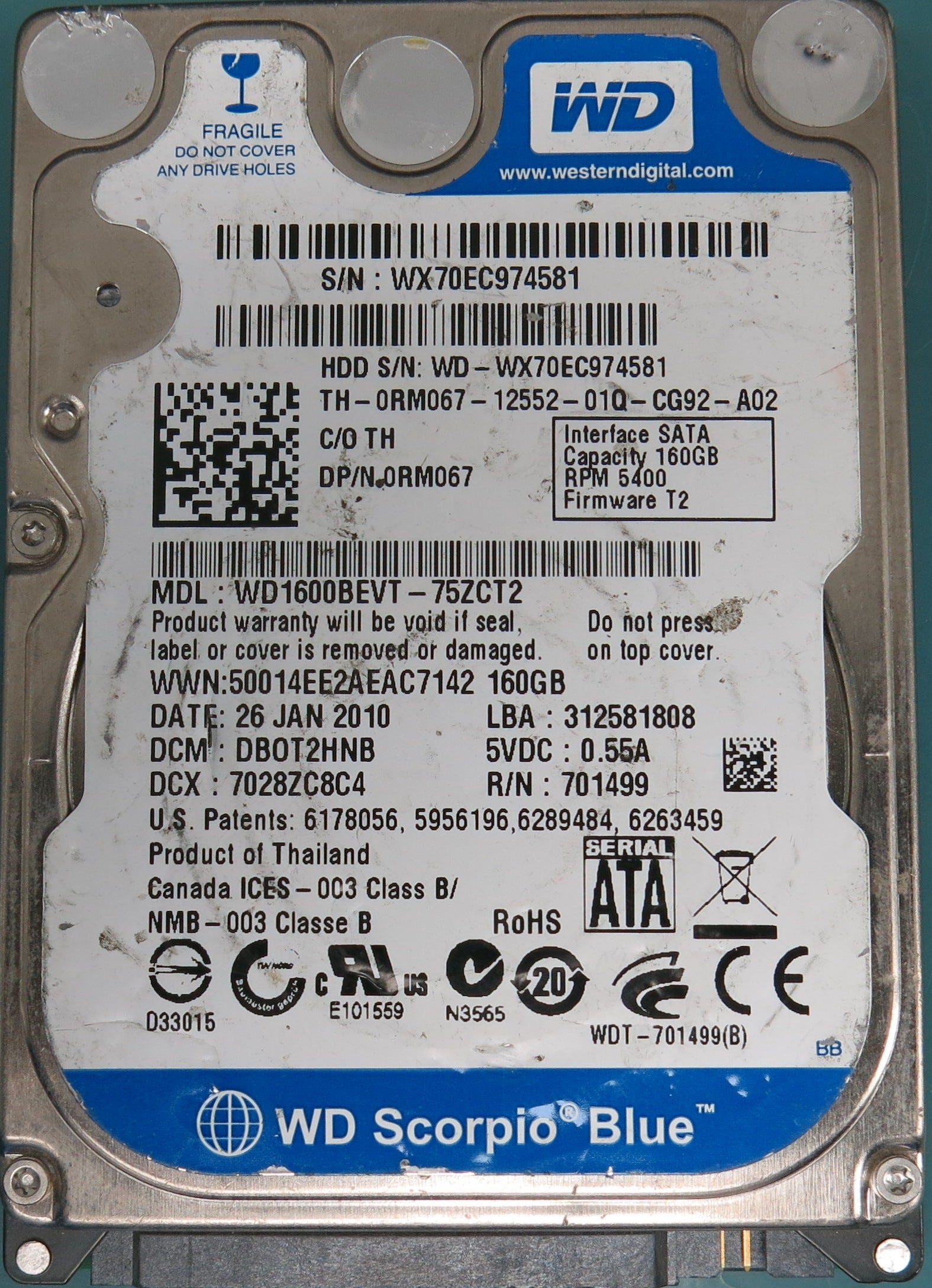 WD1600BEVT-75ZCT2,  DCM DB0T2HNB,  Serial Number:  WX70EC974581,  160GB 2.5,  PCB 2060-701499-005 REV A,