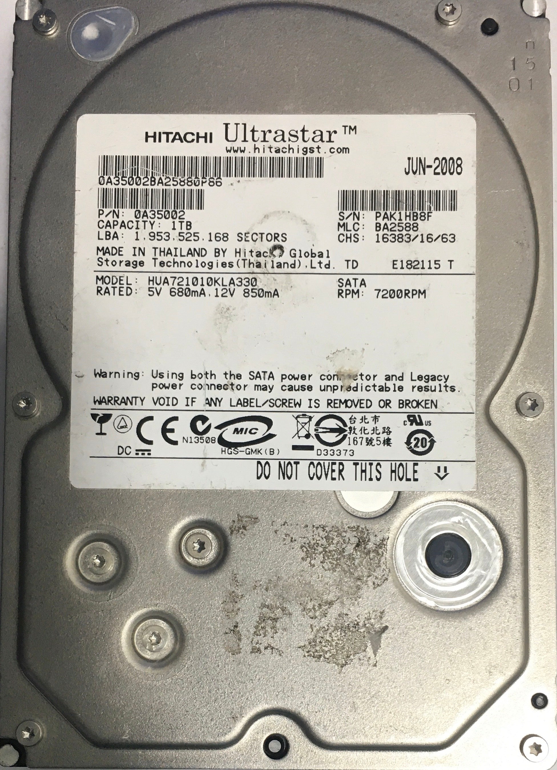 HUA721010KLA330,  Serial:PAK1HB8F,  1000GB 3.5,  PCB:110 0A29636 01- REV A