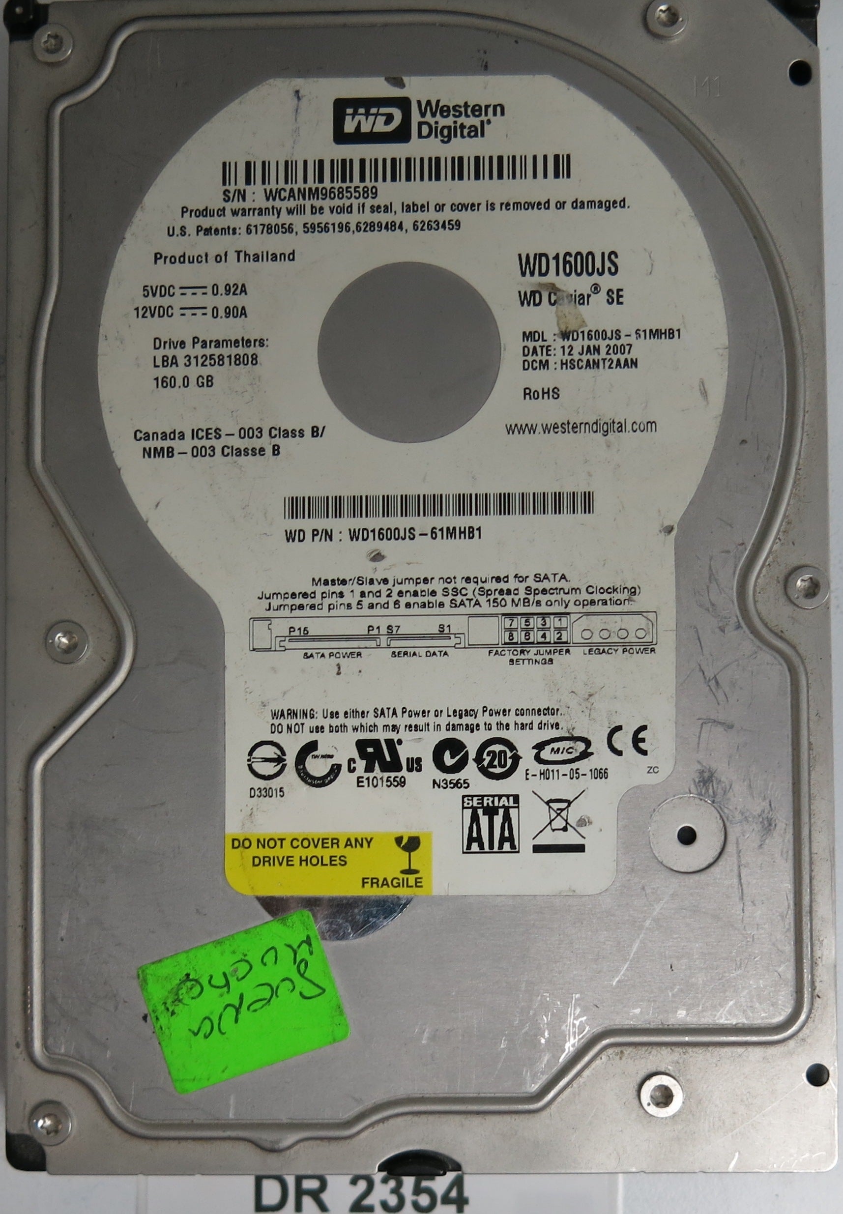 WD1600JS-51MHB1,  DCM HSCANT2AAN,  Serial Number: WCANM9685589,  160GB 3.5