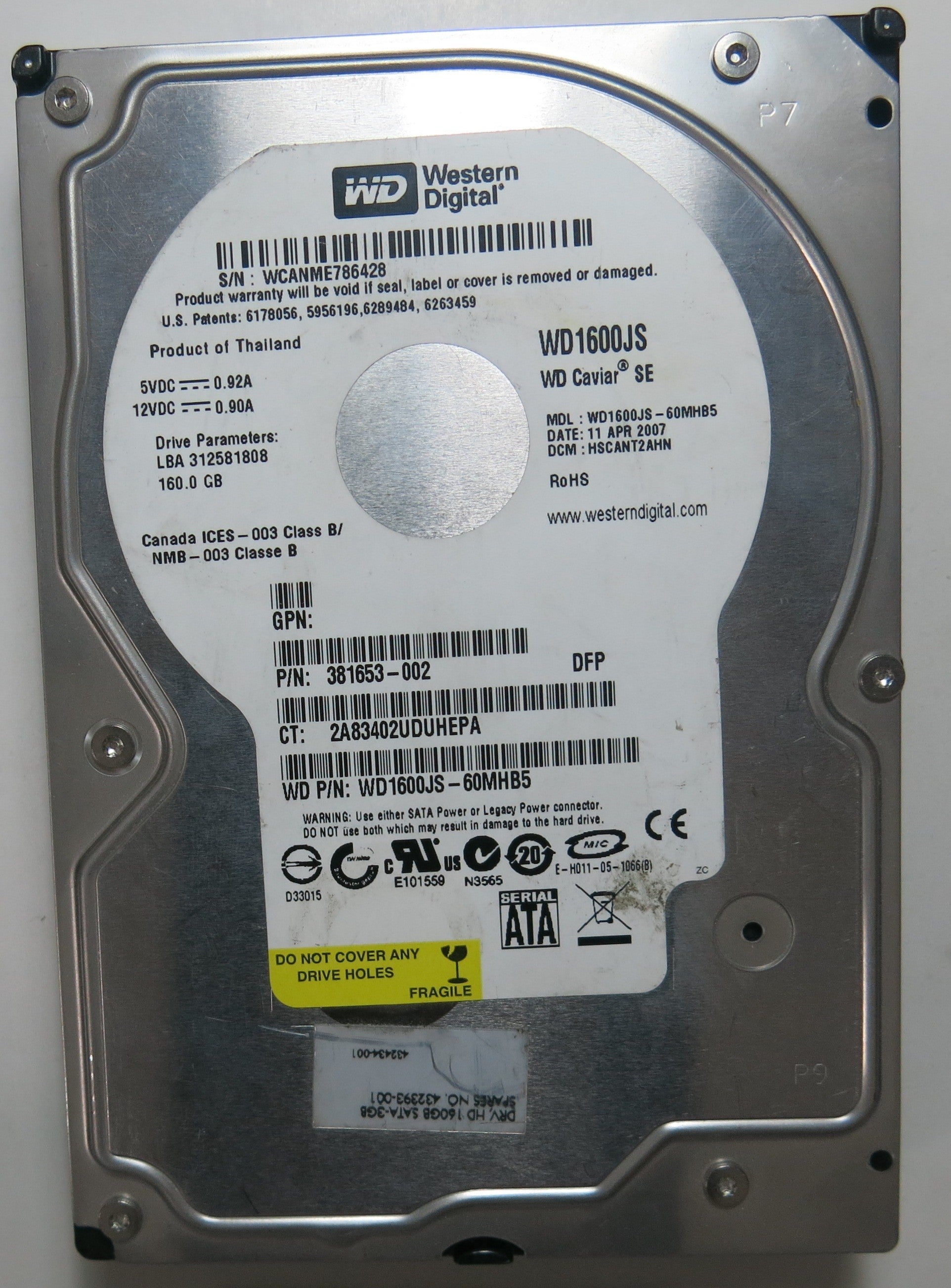 WD1600JS-60MHB5  PCB: 2060-701335-005 REV A  SERIAL NUMBER:  WCANME786428  FW  160GB