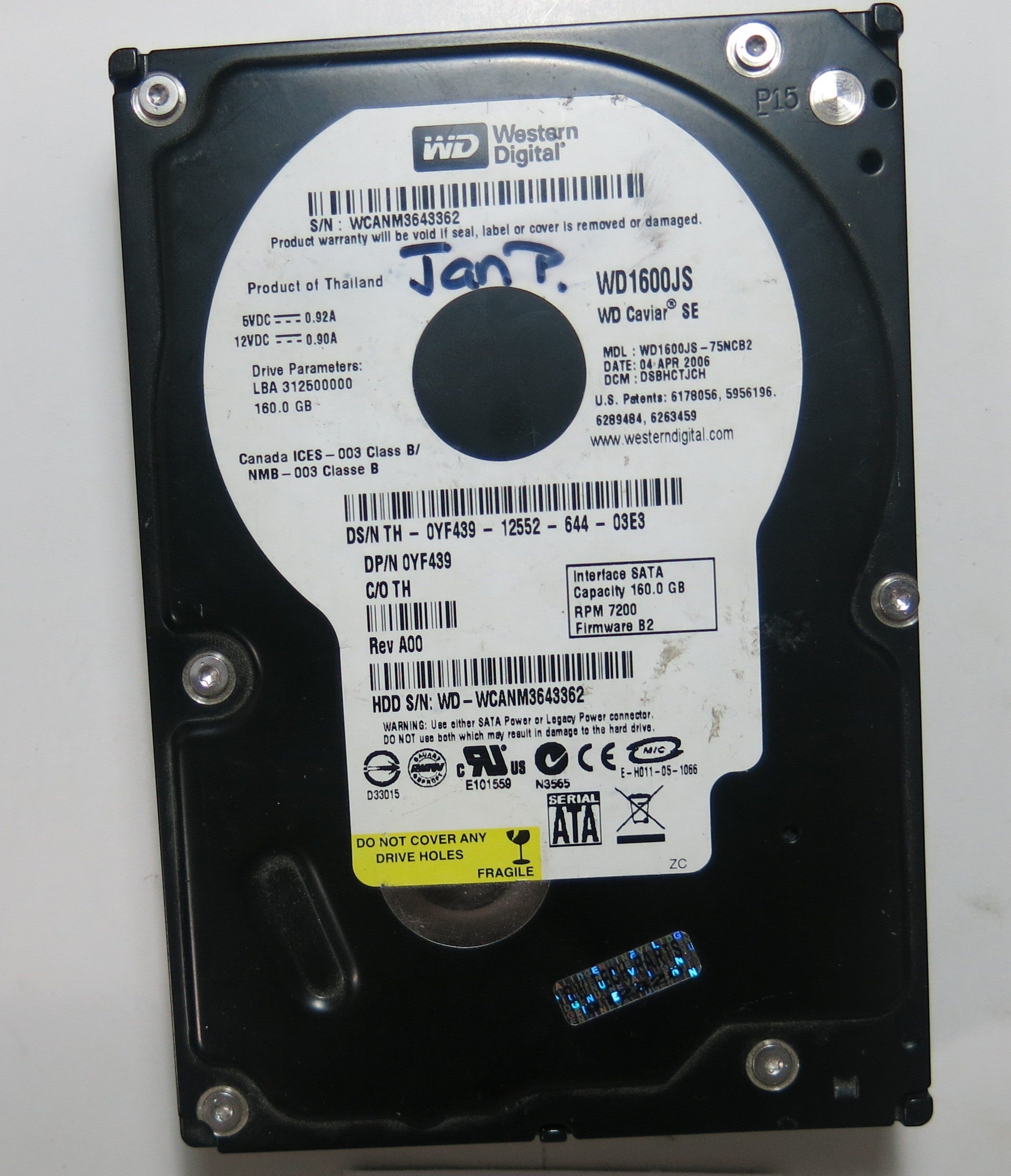 WD1600JS-75NCB2 PCB: 2060-701335-005 REV A SERIAL NUMBER: WCANM3643362 FW DSBHCTJCH 160GB