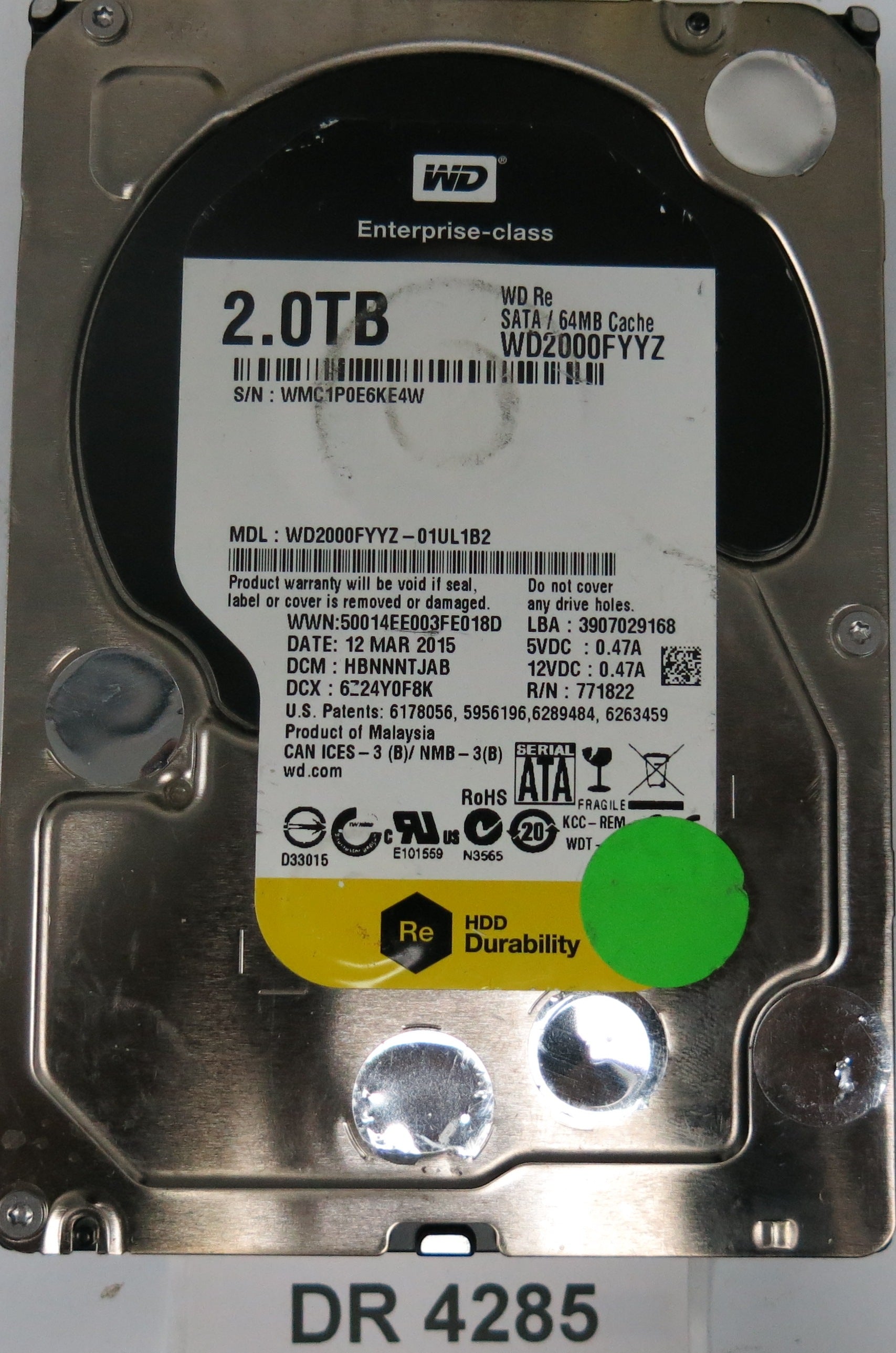 WD2000FYYZ-01UL1B2,  DCM: HBNNNTJAB,  Serial: WMC1P0E6KE4W,  2.0TB 3.5,  PCB 2060-771822-002 REV A
