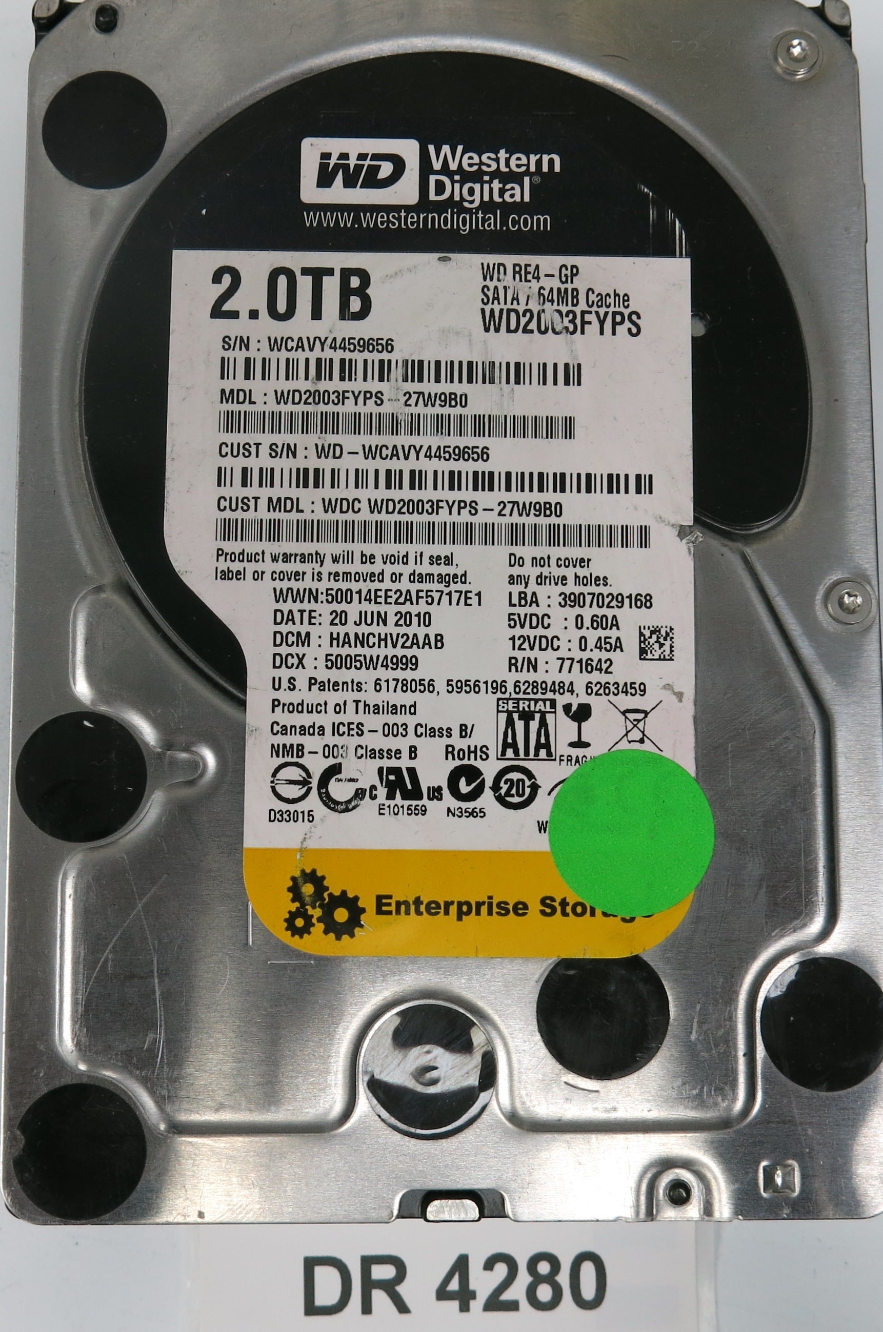 WD2003FYPS-27W9B0,  DCM: HANCHV2AAB,  Serial: WCAVY4459656,  2.0TB 3.5,  PCB 2060-771642-001 REV A P1