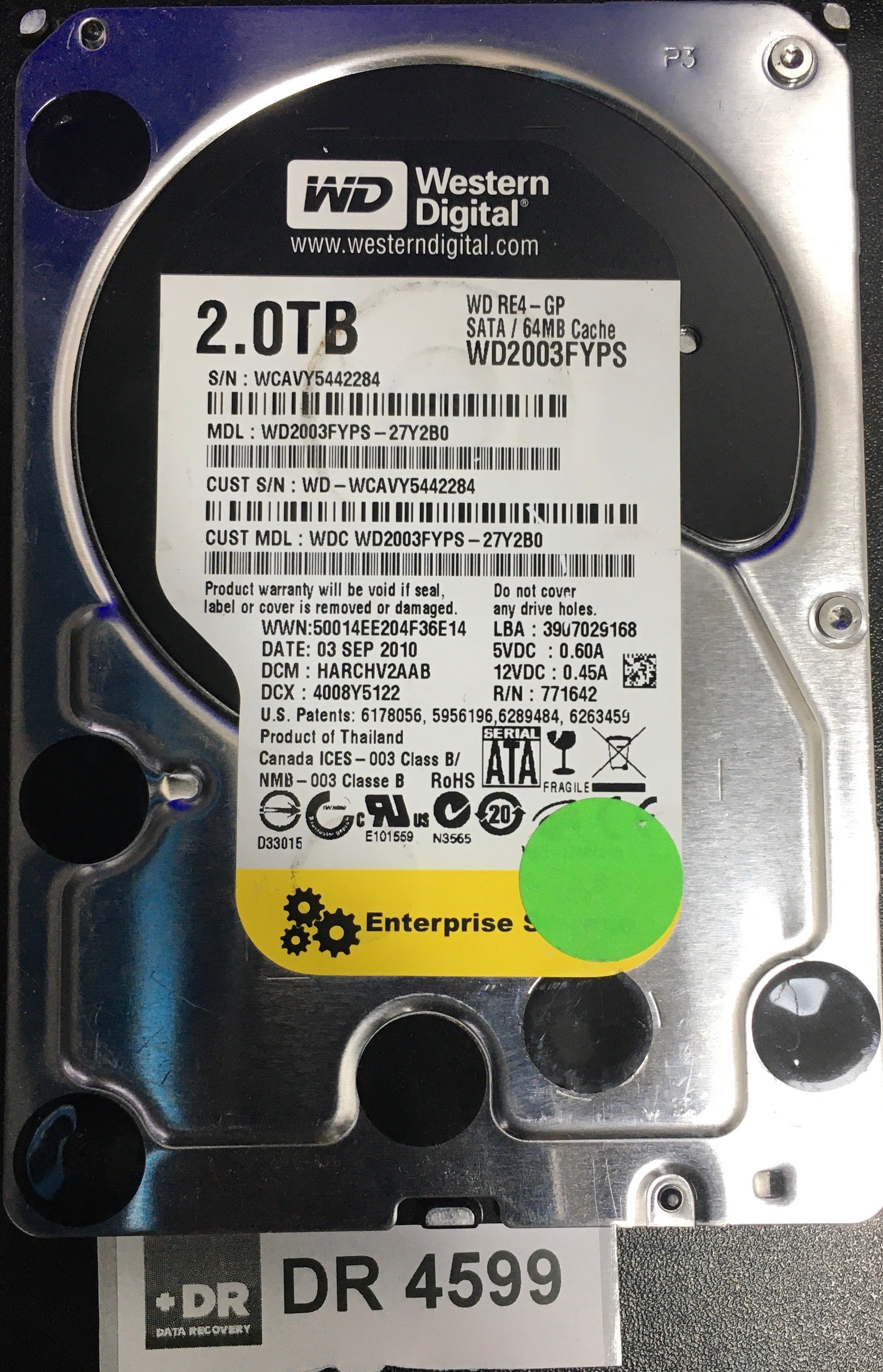 WD2003FYPS-27Y2B0,  Serial: WCAVY5442284,  2000GB 3.5  PCB:2060-771642-003- REV A