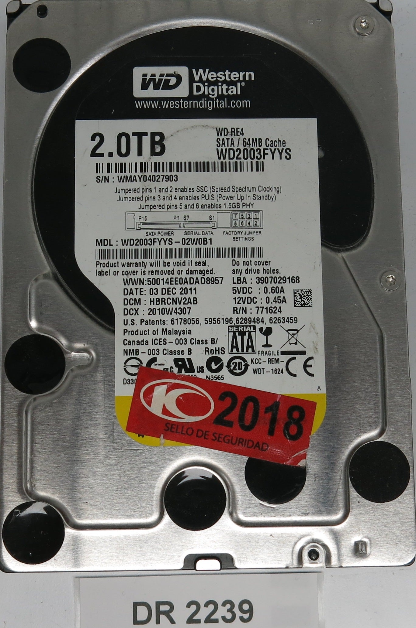WD2003FYY-02W0B1, DCM HBRCNV2AB, 2TB 3.5, PCB 2060-771624-003 REV A