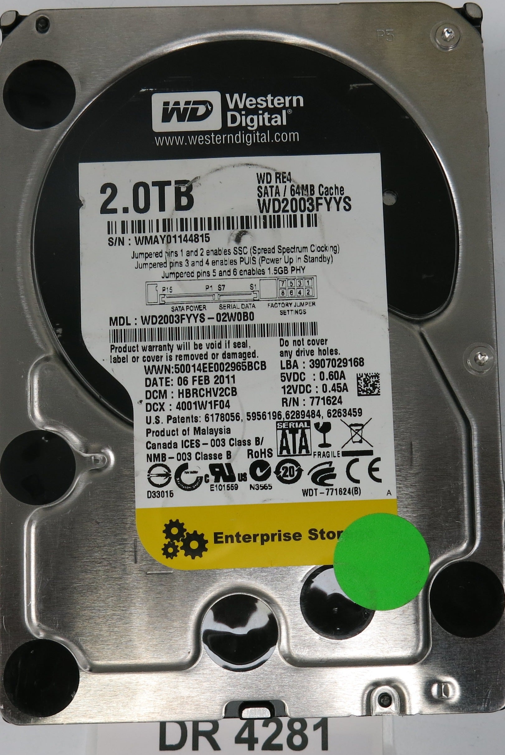WD2003FYYS-02W0B0,  DCM: HBRCV2CB,  Serial: WMAY01144815,  2.0TB 3.5,  PCB 2060-771624-003 REV A