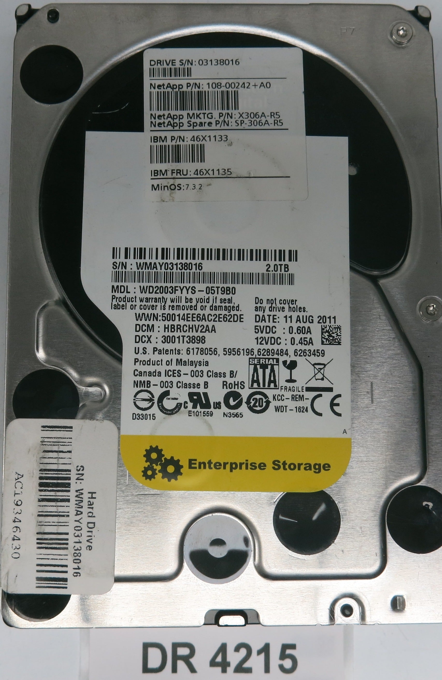 WD2003FYYS-05T9B0,  DCM: HBRCHV2AA,  Serial: WMAY03138016,  2.0TB 3.5,  PCB 2060-771624-003 REV A