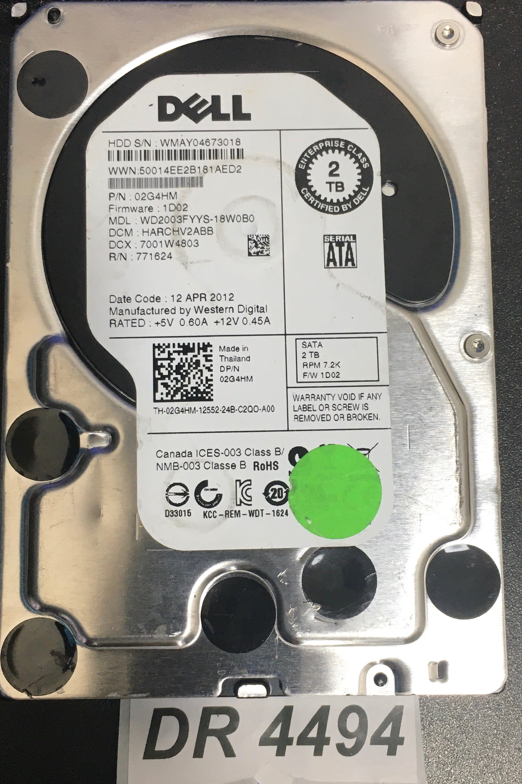 WD2003FYYS-18W0B0  F/W:1D02  P/N:0SG4HM  Serial:WMY04673018  2000GB 3.5  PCB: 2060-771624-003 REV A