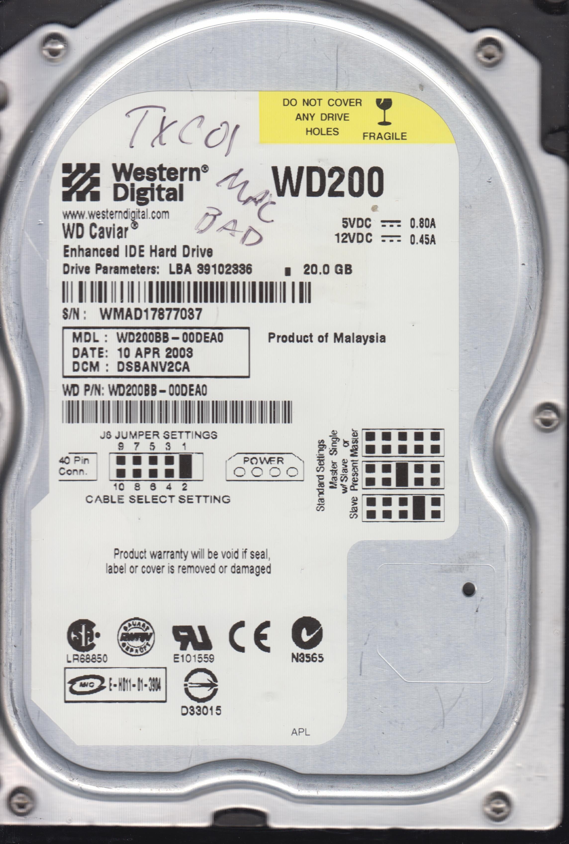 WD200BB-00DEA0 DCM DSBANV2CA 20GB 3.5