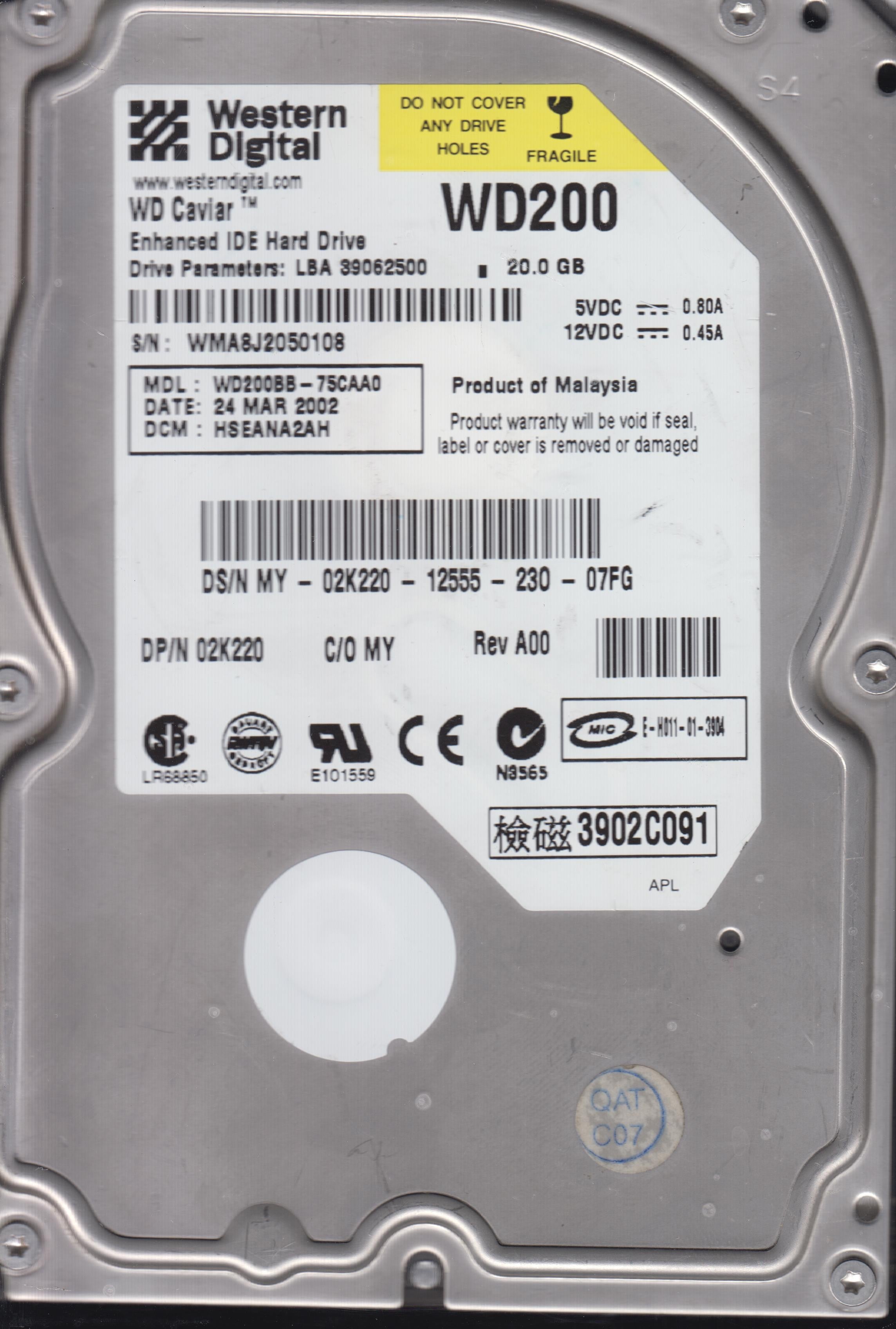 WD200BB-75CAA0 DCM HSEANA2AH 20GB 3.5