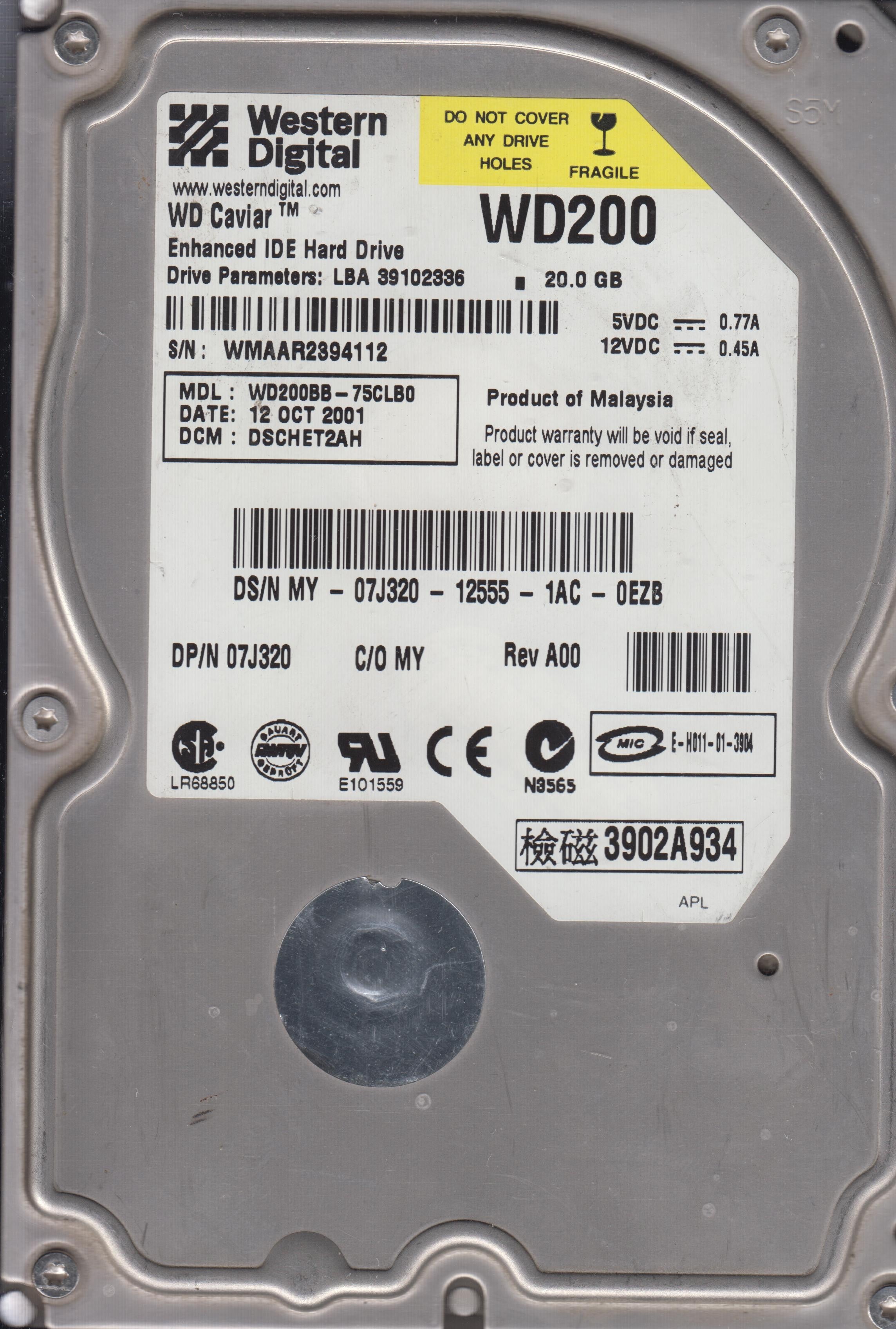 WD200BB-75CLB0 DCM DSCHET2AH 20GB 3.5
