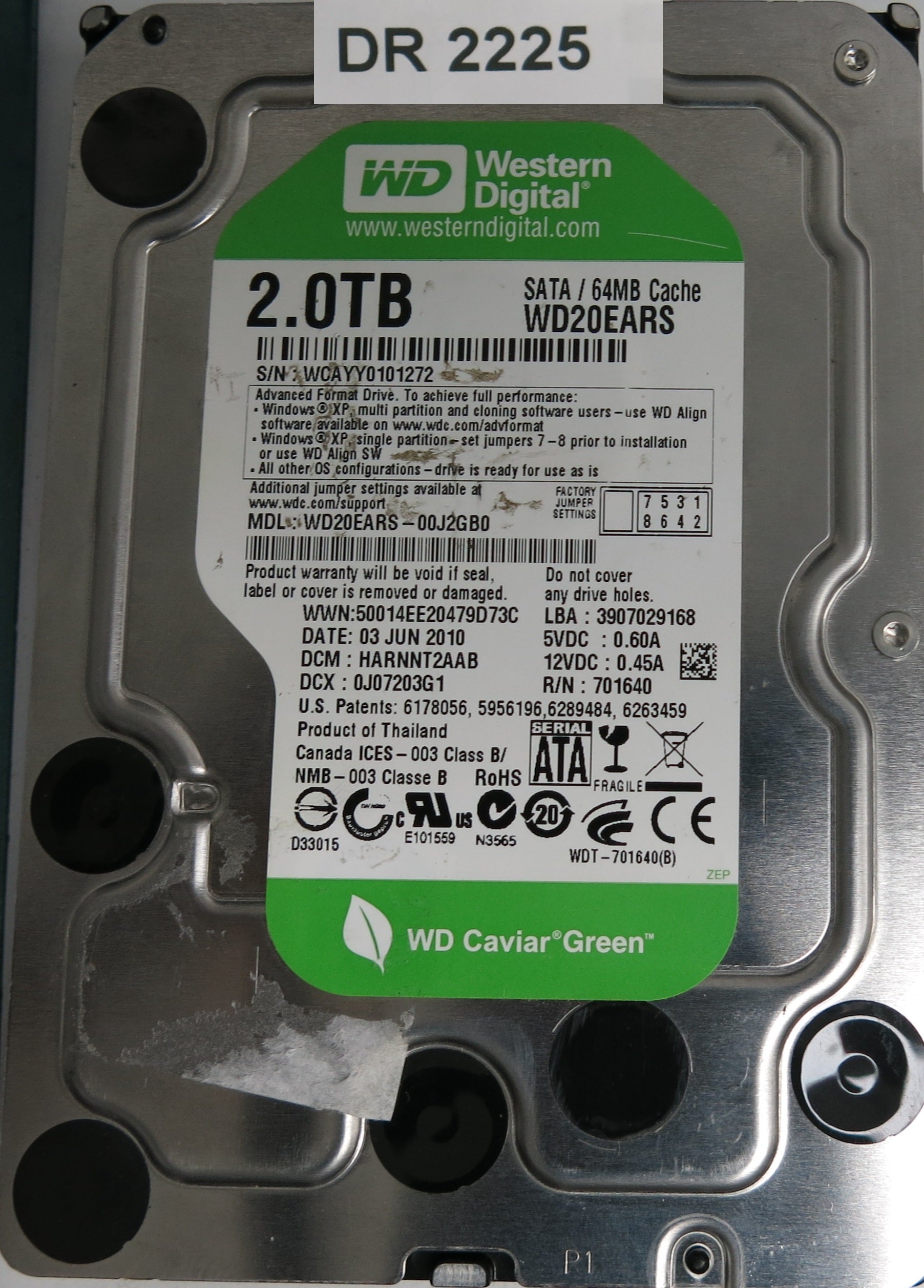 WD20EARS-00J2GB0,  SERIAL:WCAYY0101272,  2.0TB 3.5,  PCB 2060-701640-007 REV A
