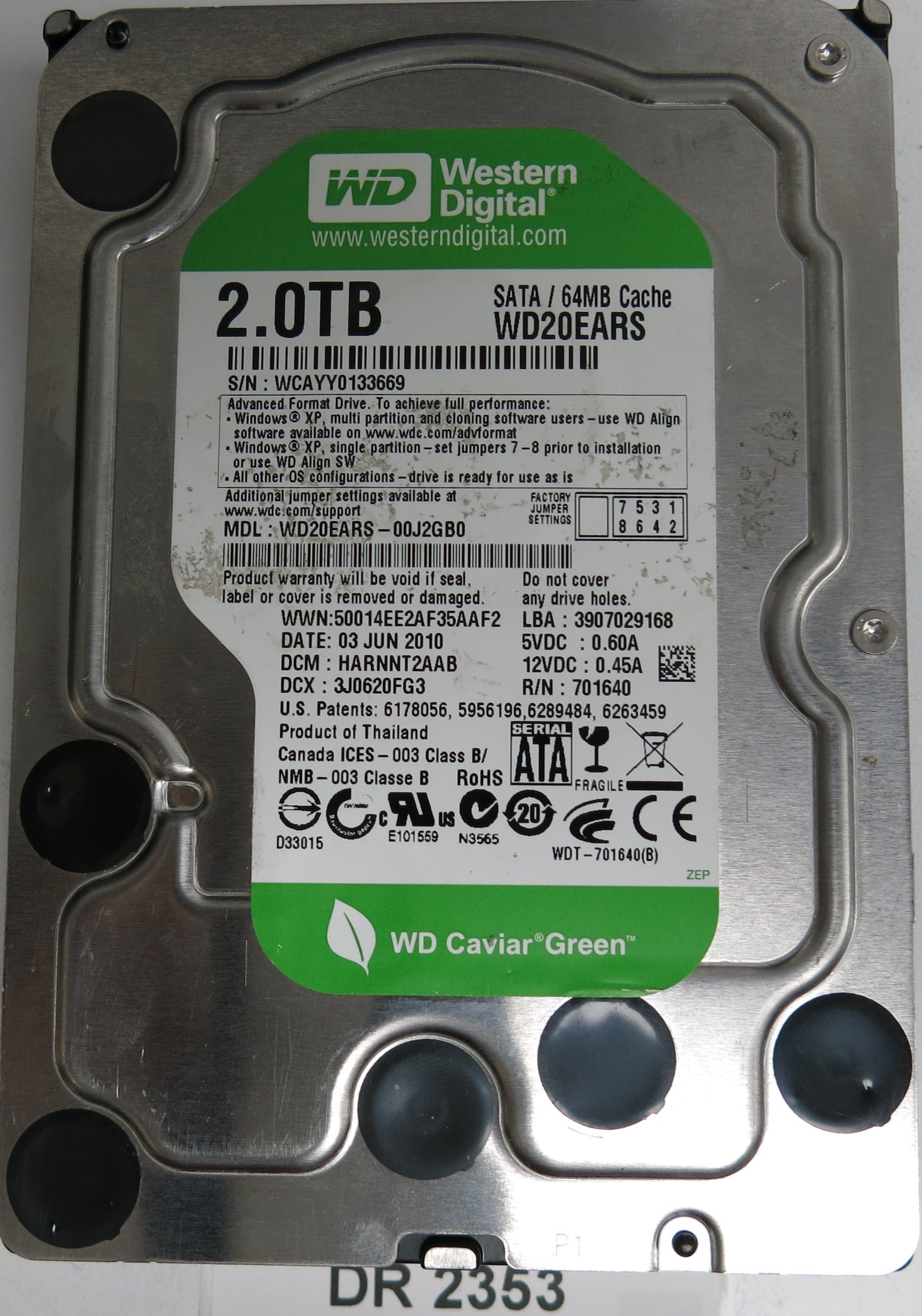 WD20EARS-00J2GB0,  DCM: HARNNT2AAB,  Serial Number: WCAYY0133669,  2TB 3.5