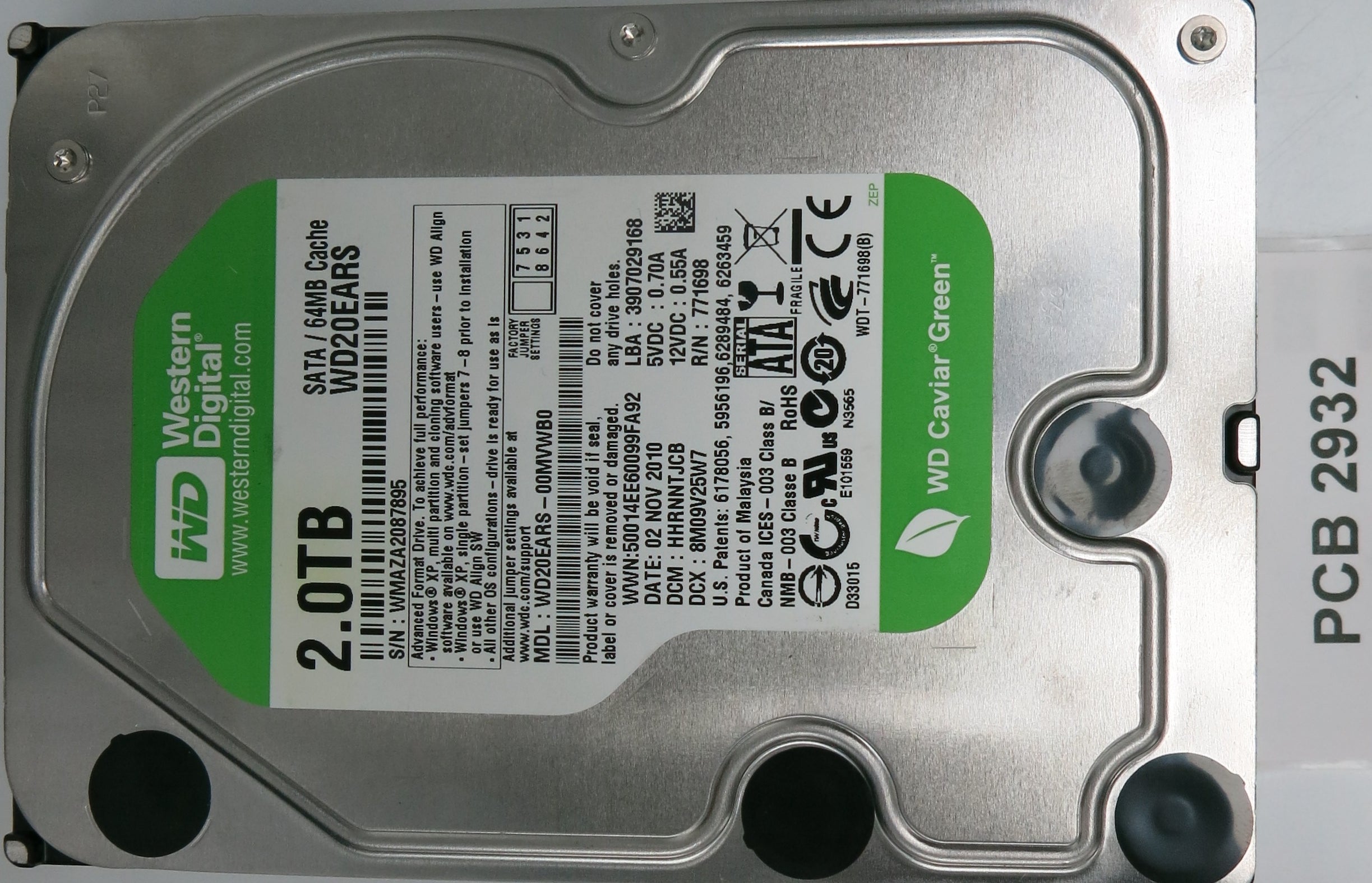 WD20EARS-00MVWB0, DCM: HHRNNTJCB, 2.0TB 3.5, PCB 2060-771698-002 REV A