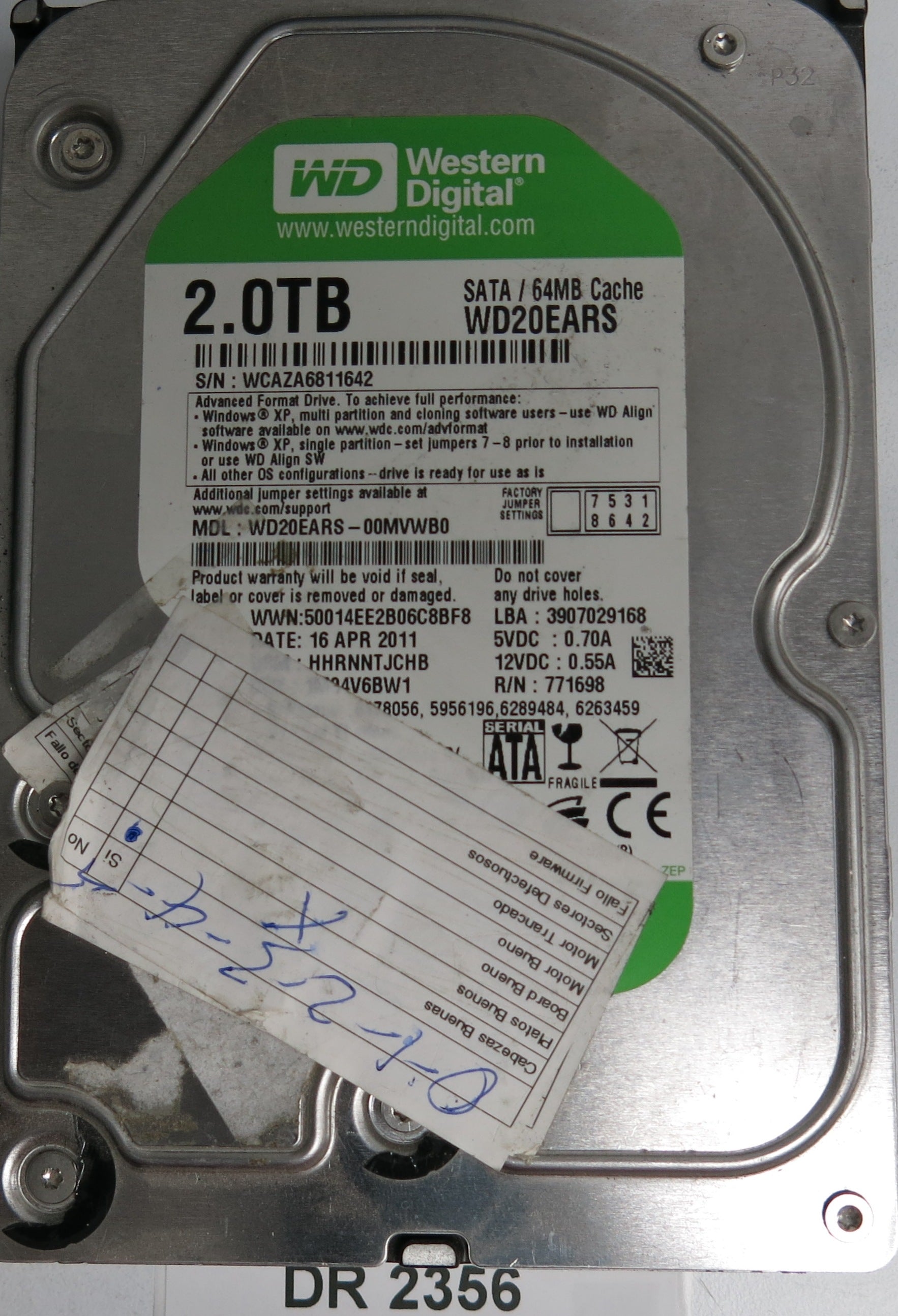 WD20EARS-00MVWB0,Serial Number: WCAZA6811642,2TB 3.5