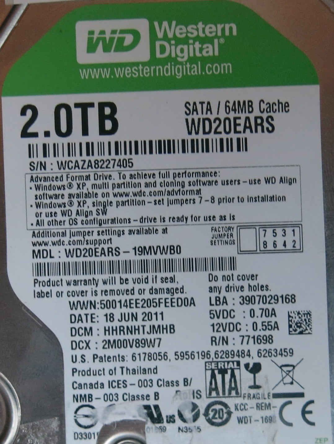 WD20EARS-19MVWB0, PN , DCM  2M00V89W7, 2060-771698-002 REV A PCB