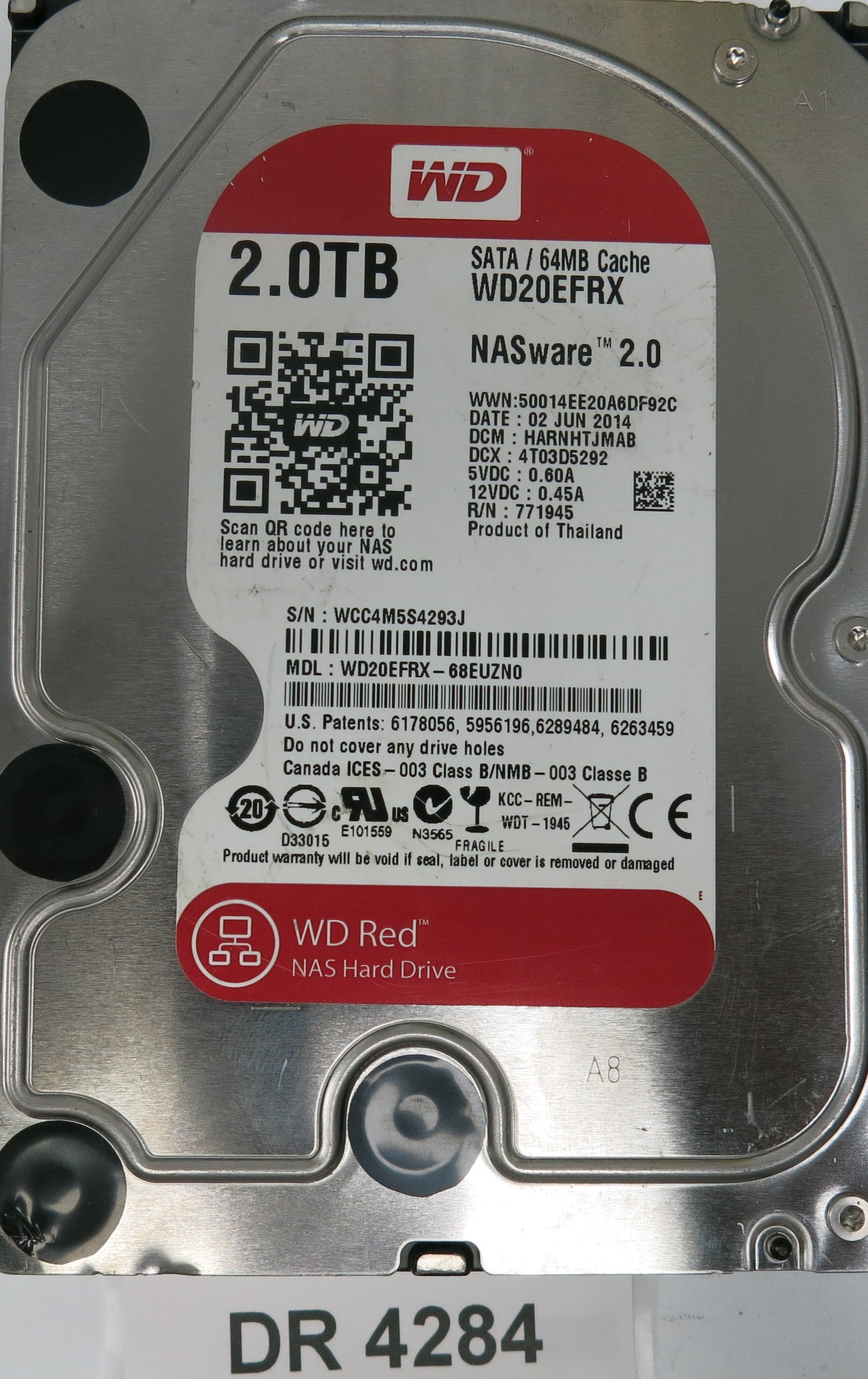 WD20EFRX-68EUZN0,  DCM: HARNHTJMAB,  Serial: WCC4M5S4293J,  2.0TB 3.5,  PCB 2060-771945-001 REV A