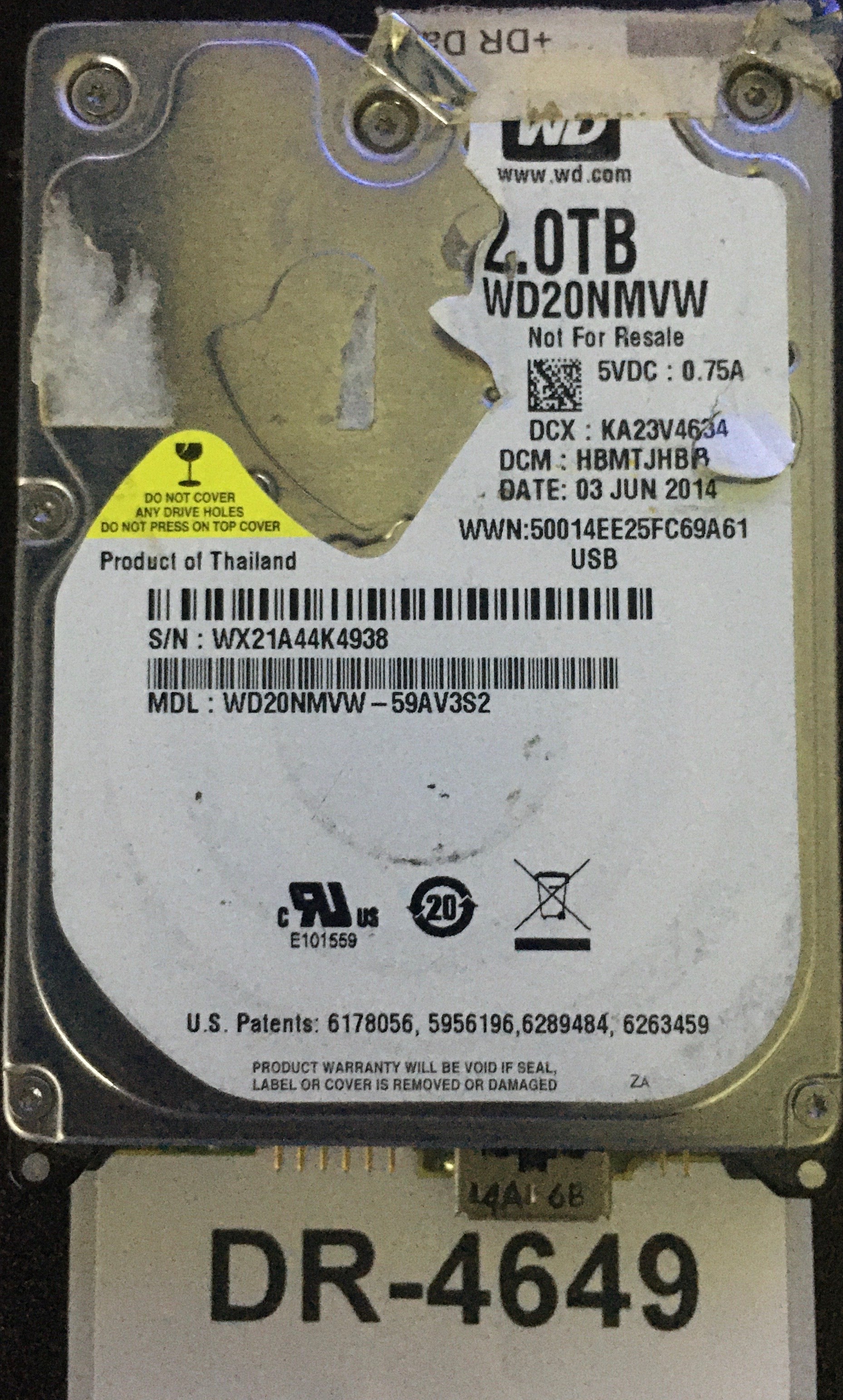 WD20NMVW-59AV3S2,  Serial: WX21A44K4938,  2TB 2.5,  PCB:2060-771961-001- REV A