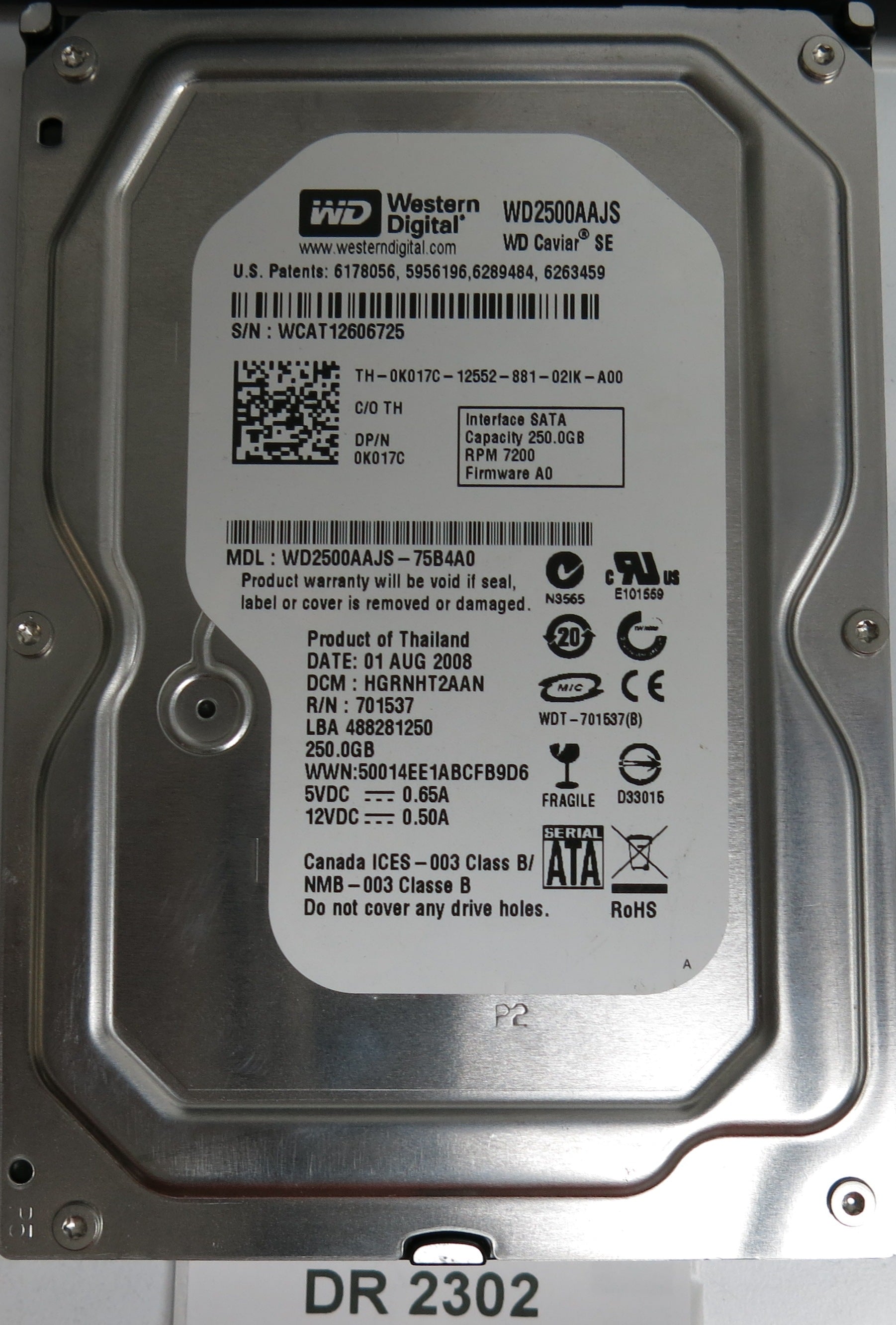 WD2500AAJS-75B4A0, DCM HGRNHT2AAN, 250GB 3.5, PCB 2060-701537-003 REV A, MAIN CHIP: 88I8845C-BHG2