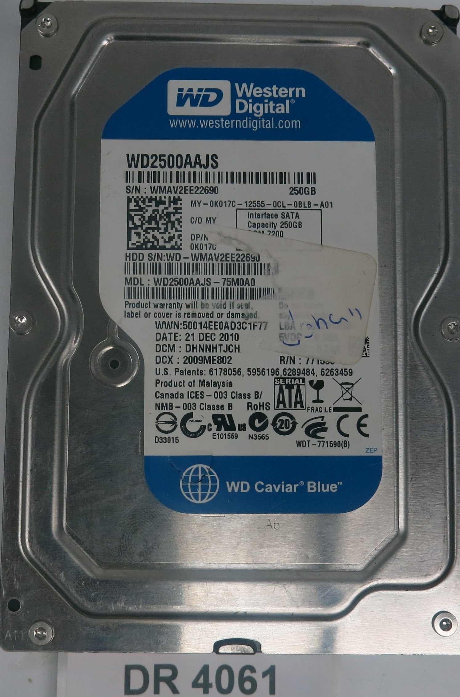 WD2500AAJS-75M0A0, DCM: DHNNHTJCH, Serial Number: WMAV2EE22690, 250GB 3.5, PCB 2060-771590-001 REV A