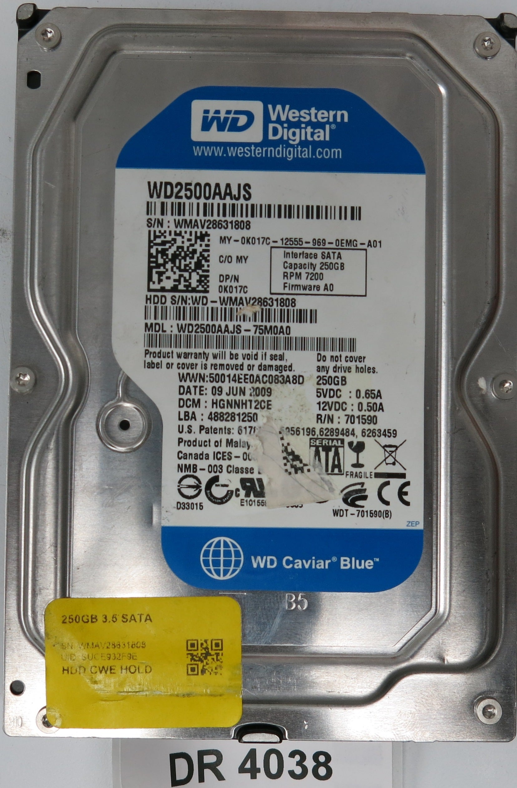 WD2500AAJS-75M0A0, DCM: HGNNHT2CE, Serial Number: WMAV28631808, 250GB 3.5, PCB 2060-701590-000 REV A