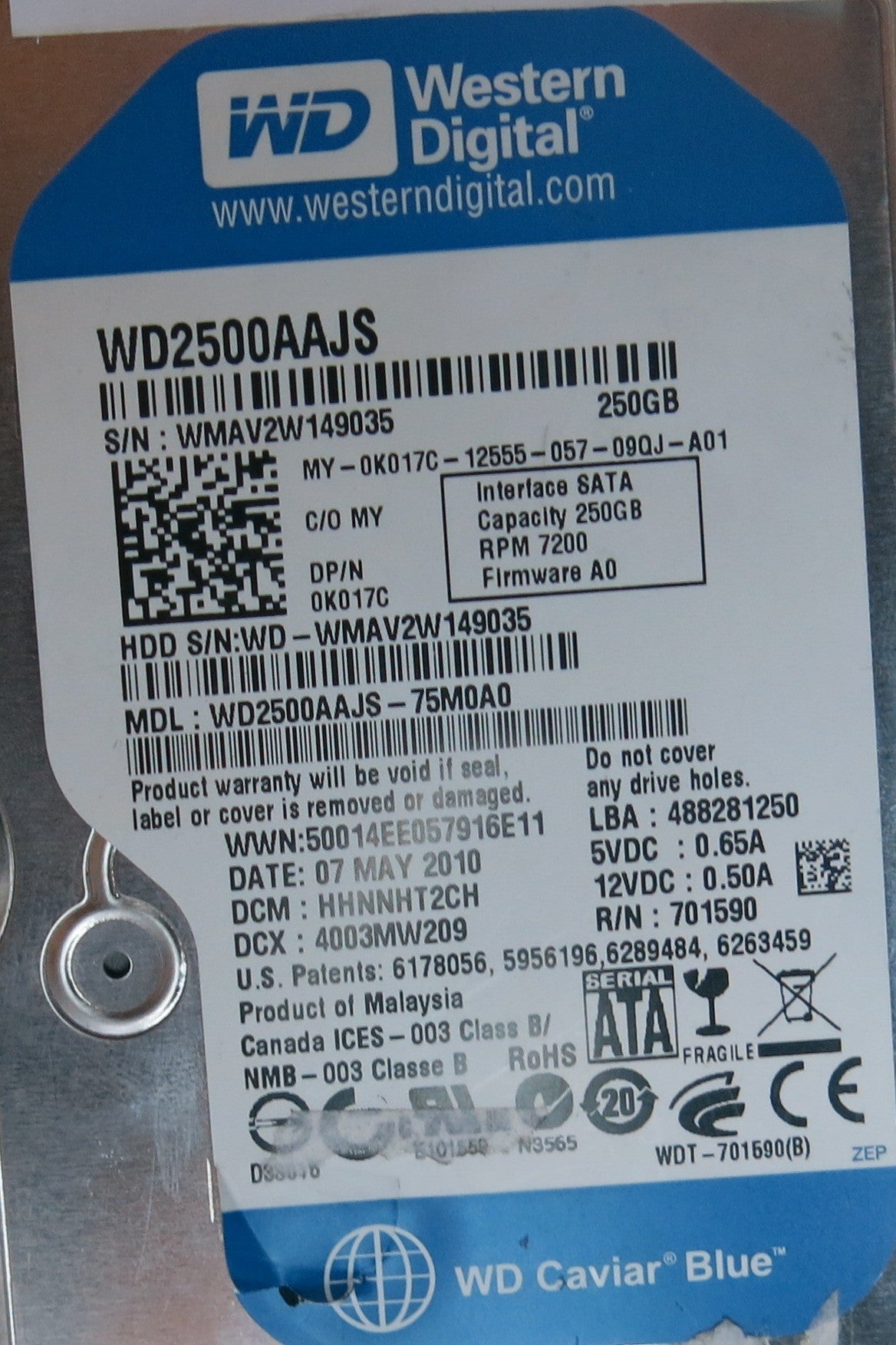 WD2500AAJS-75M0A0, PN , DCM  HHNNHT2CH, 2060-701590-001 REV A  PCB
