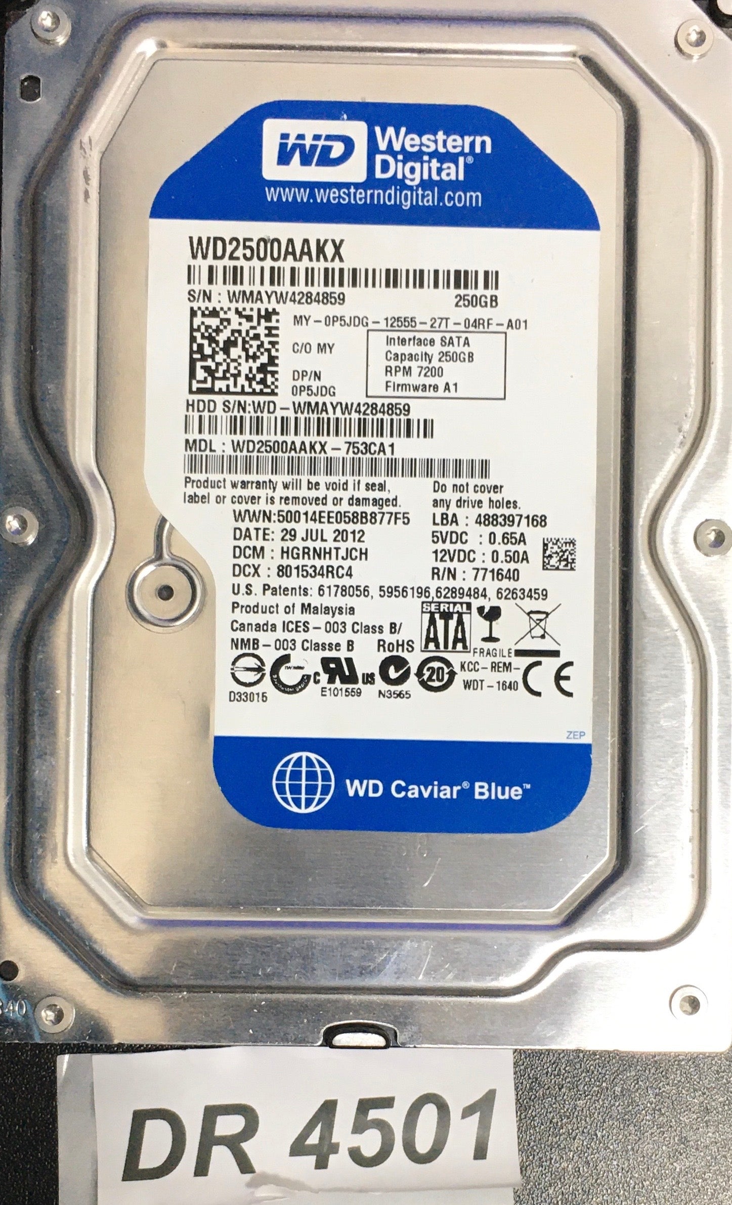 WD2500AAKK-753CA1  Serial:WD-WMAYW4284859  250GB 3.5  PCB: 2060-771640-003 REV A