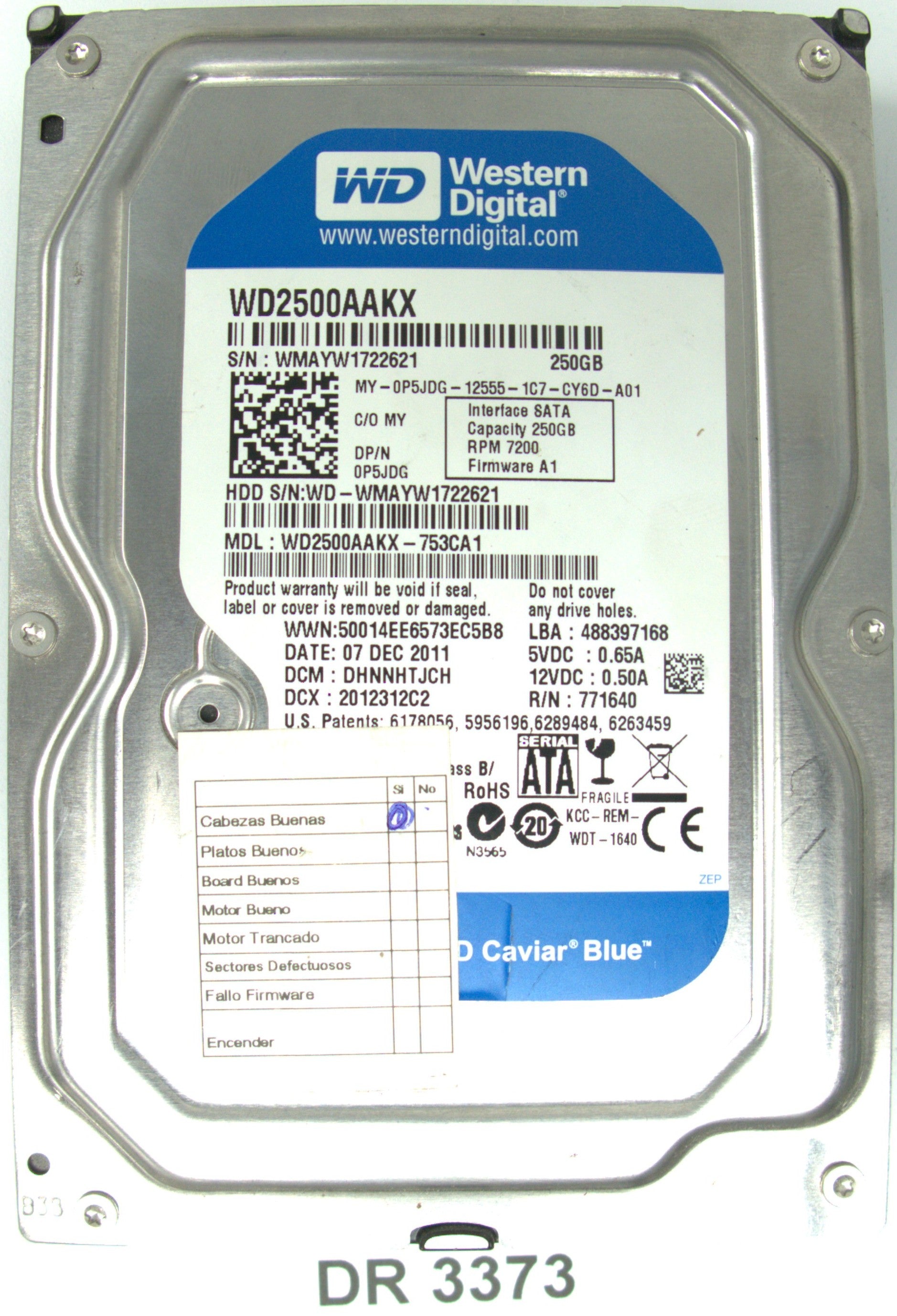 WD2500AAKX-753CA1, DCM: DHNNHTJCH, 250GB 3.5, PCB 2060-771640-003 REV A