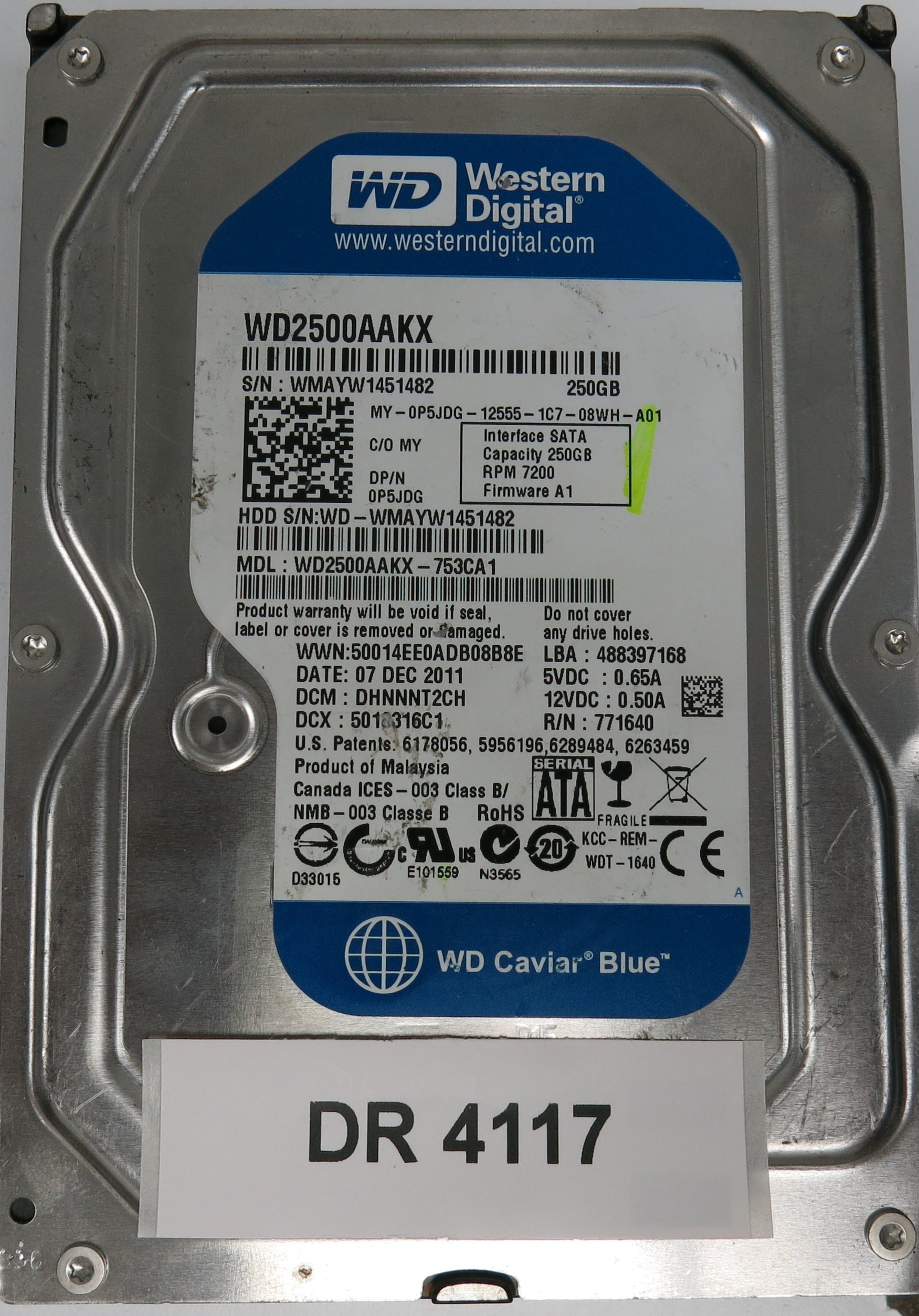 WD2500AAKX-753CA1, DCM: DHNNNT2CH, Serial: WMAYW1451482, 250GB 3.5, PCB 2060-771640-003 REV A
