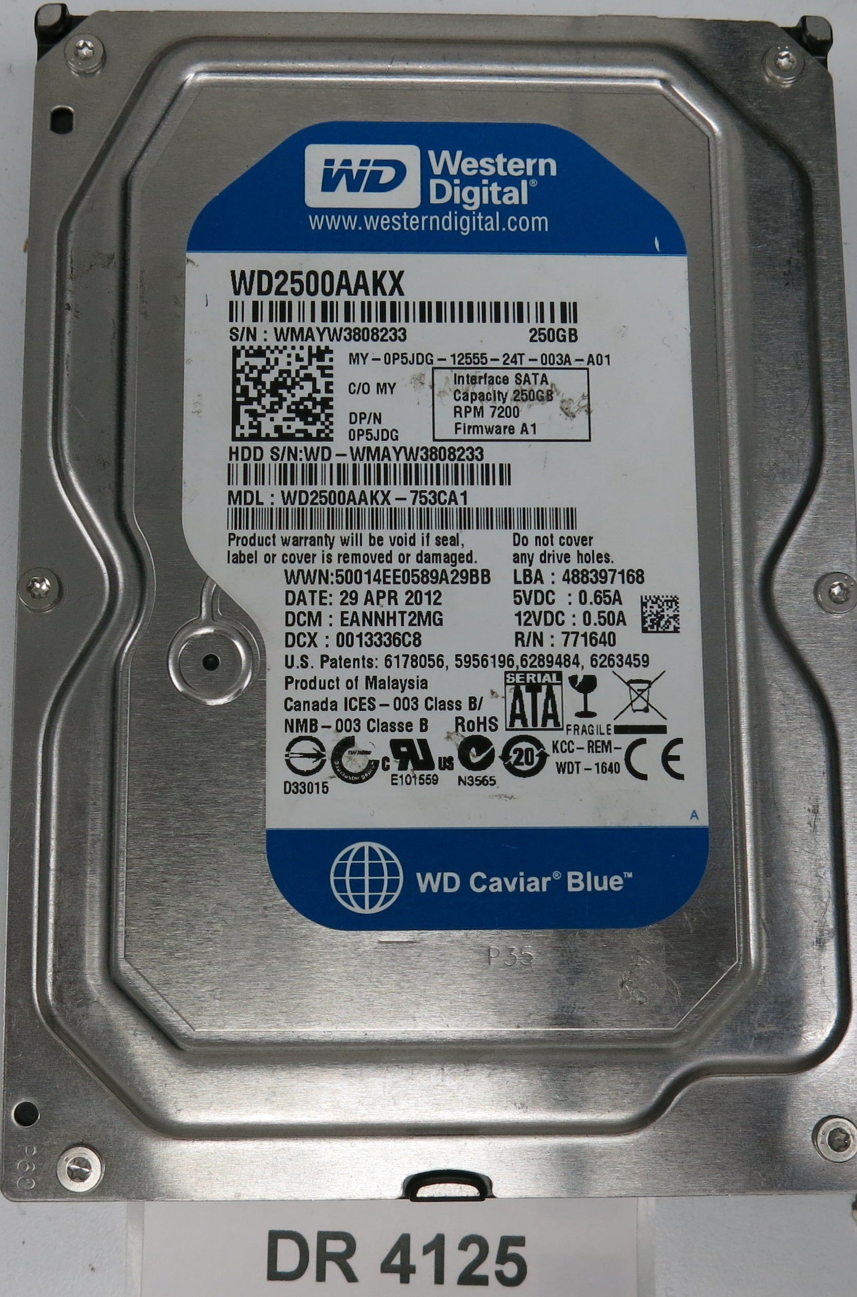 WD2500AAKX-753CA1,  DCM: EANNHT2MG,  Serial: WMAYW3808233,  250GB 3.5,  PCB 2060-771640-003 REV A
