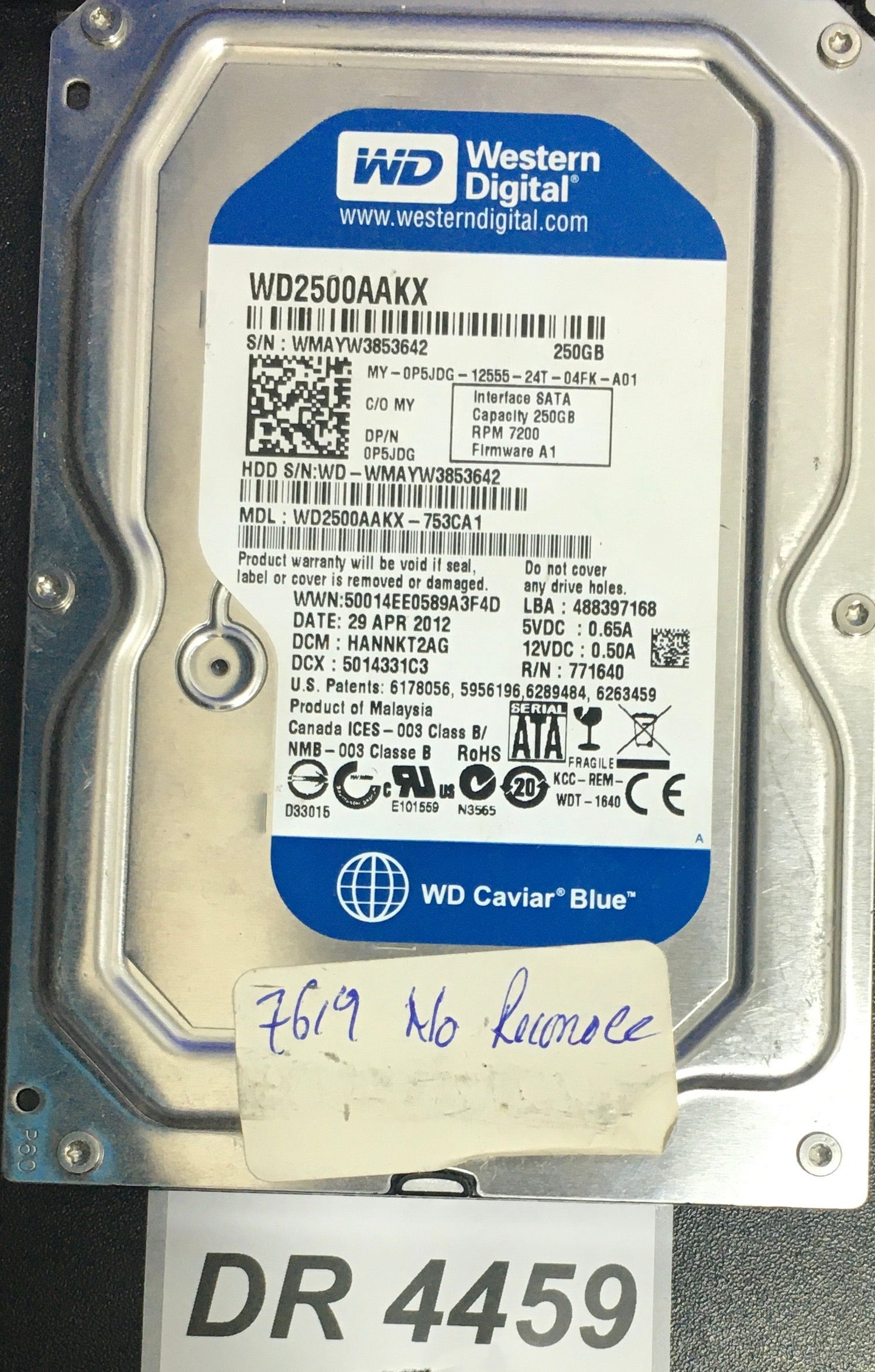 WD2500AAKX-753CA1  Serial: WMAYW3853642  250GB 3.5  PCB: 2060-771640-003 REV A