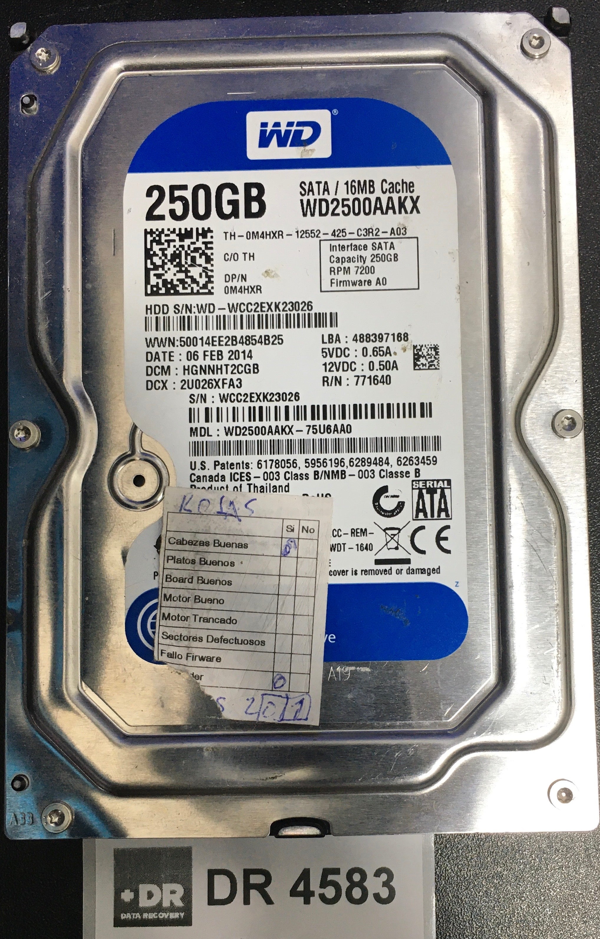 WD2500AAKX-75U6AA0,  Serial: WCC2EXK23026,  250GB 3.5  PCB:2060-771640-003- REV A