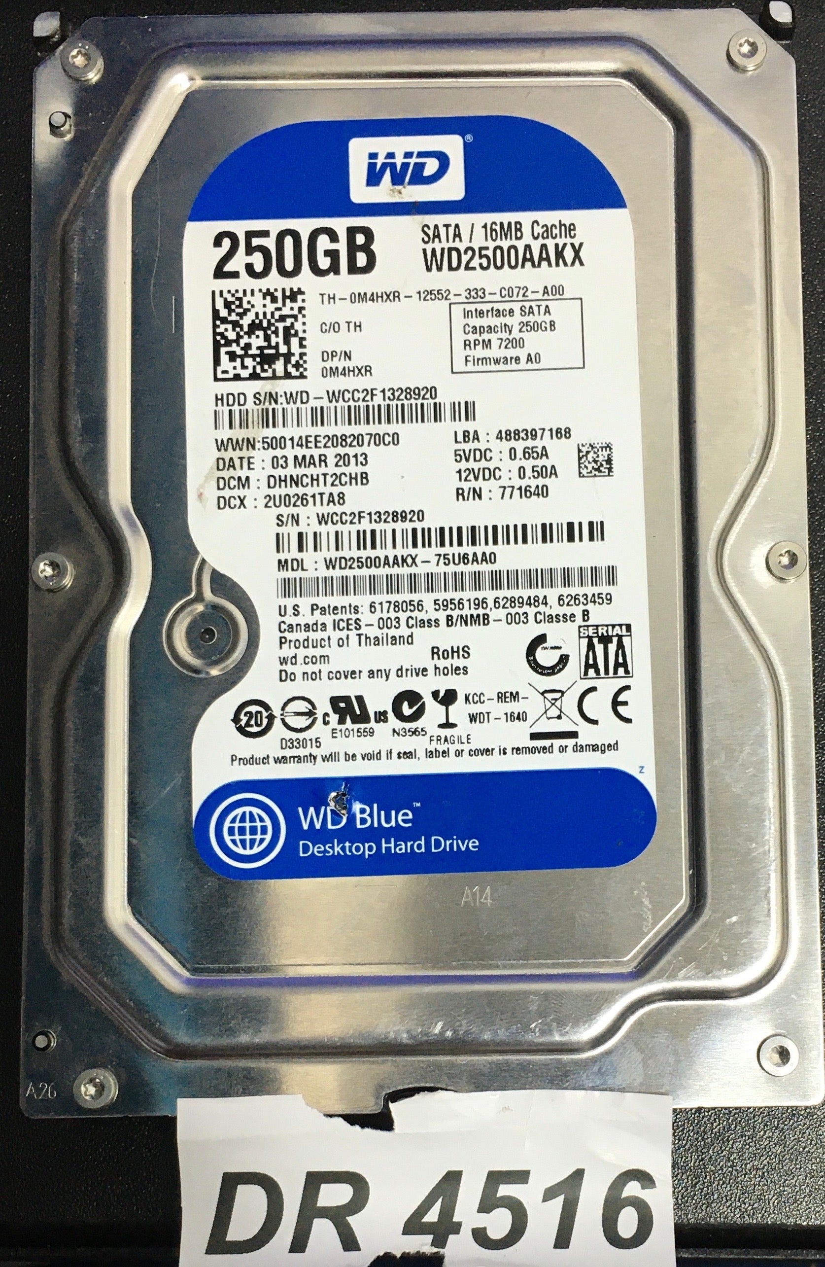 WD2500AKX-75U6AA0  Serial:WD-WCC2F1328920  250GB 3.5  PCB: 2060-771640-003 REV A