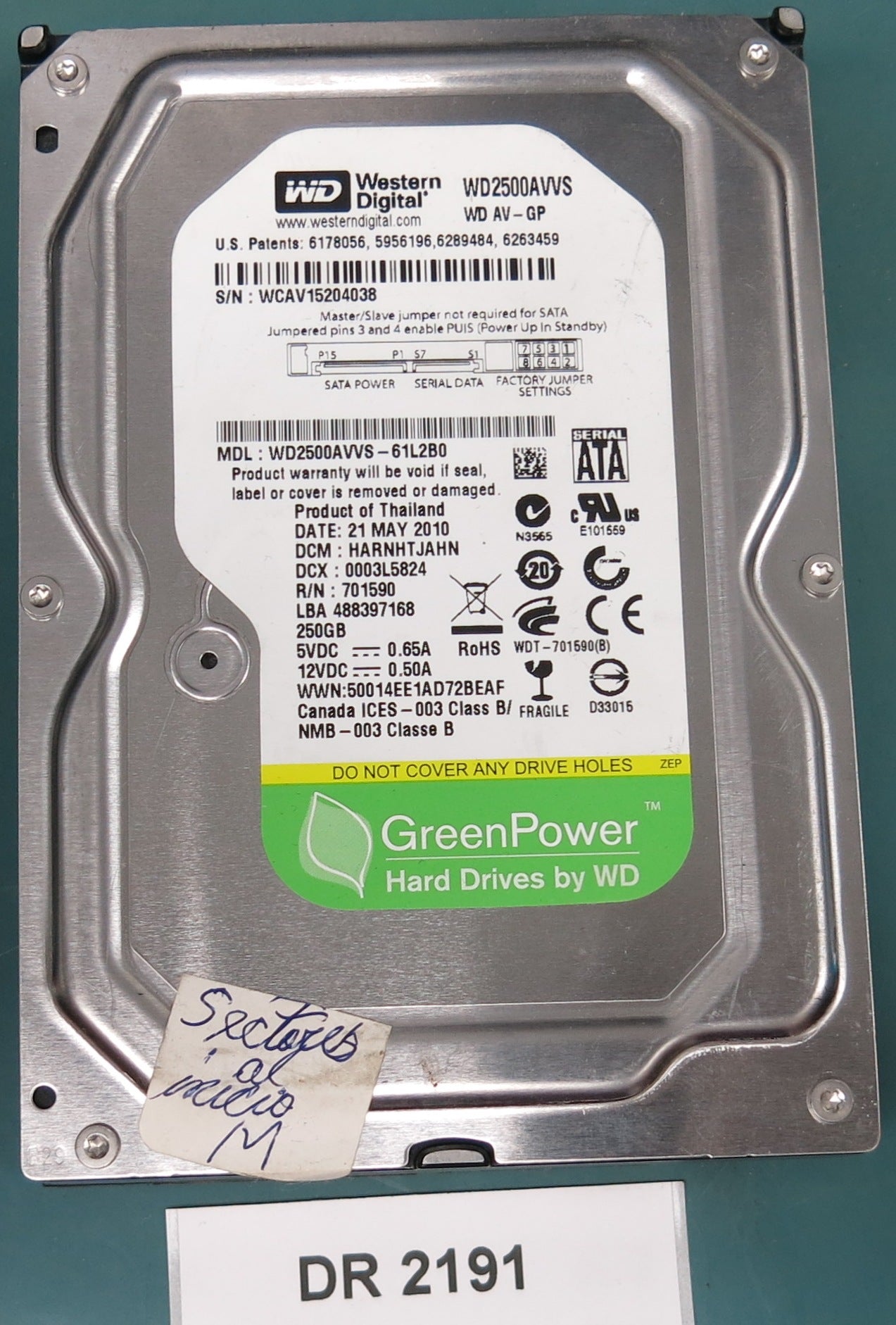 WD2500AVVS-61L2B0, DCM HARNHTJAHN, 250GB 3.5, PCB 2060-701590-001 REV A