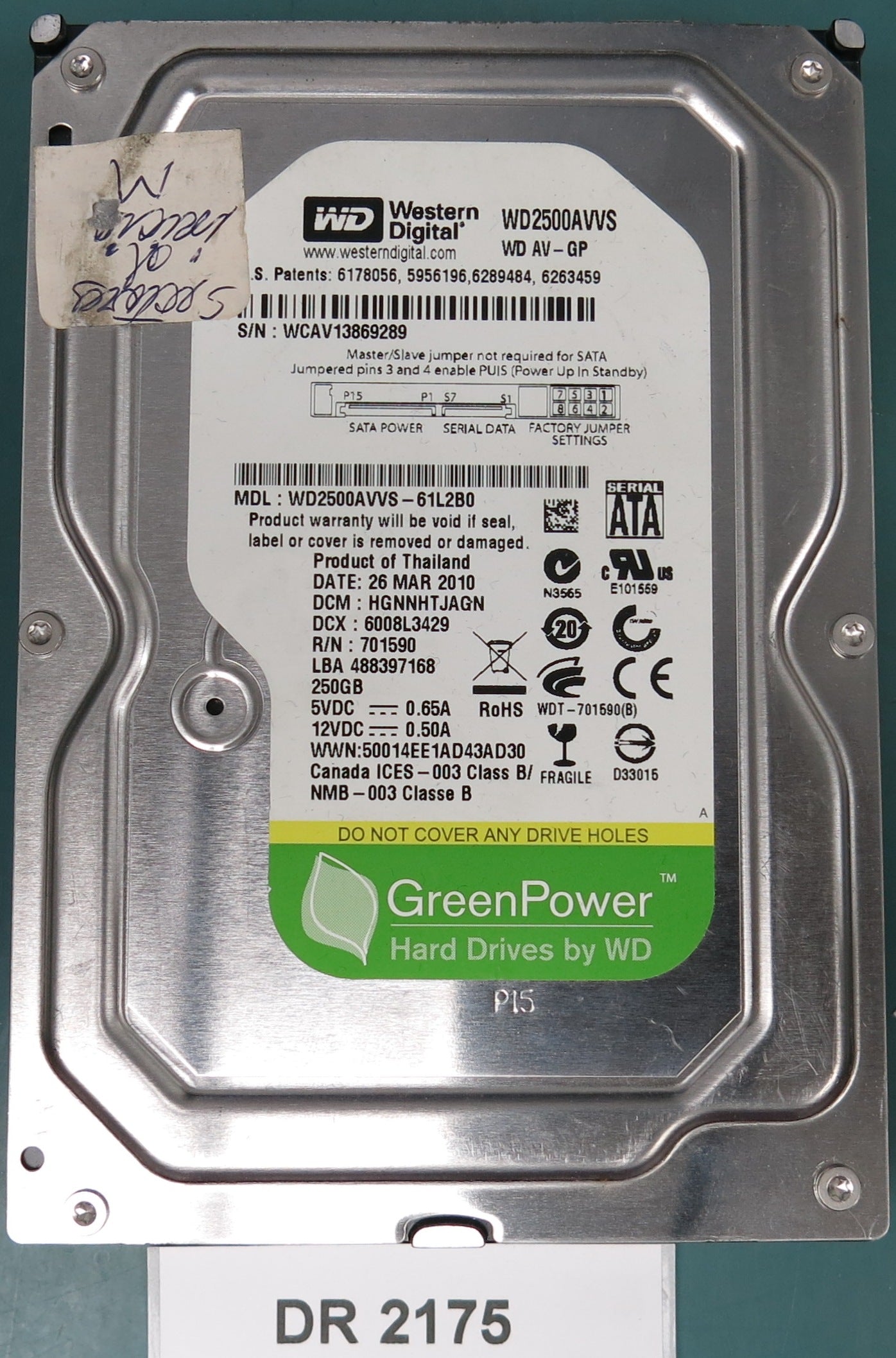 WD2500AVVS-61L2B0, DCM HGNNHTJAGN, 250GB 3.5, PCB 2060-701590-001 REV A