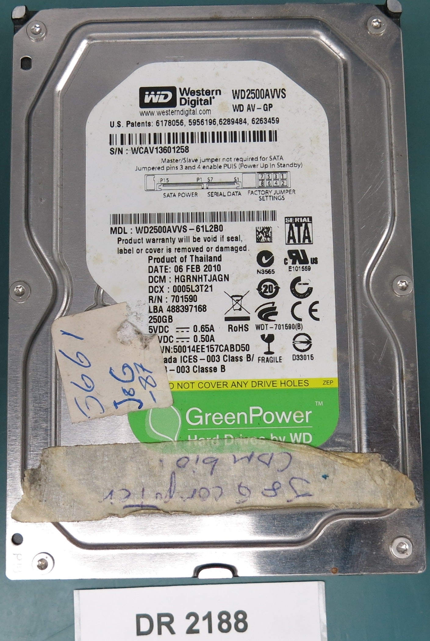 WD2500AVVS-61L2B0, DCM HGRNHTJAGN, 250GB 3.5, PCB 2060-701590-001 REV A