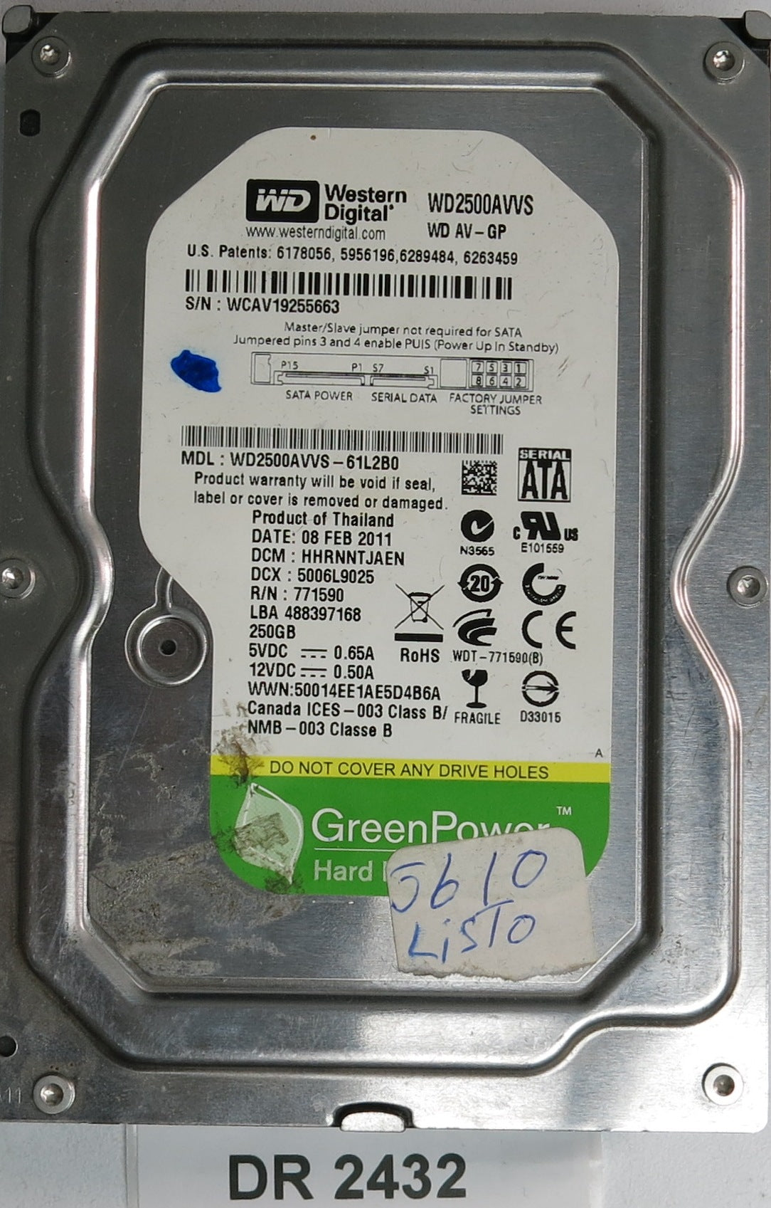 WD2500AVVS-61L2B0, HHRNNTJAEN, 250GB 3.5, PCB 2060-771590-001 REV A