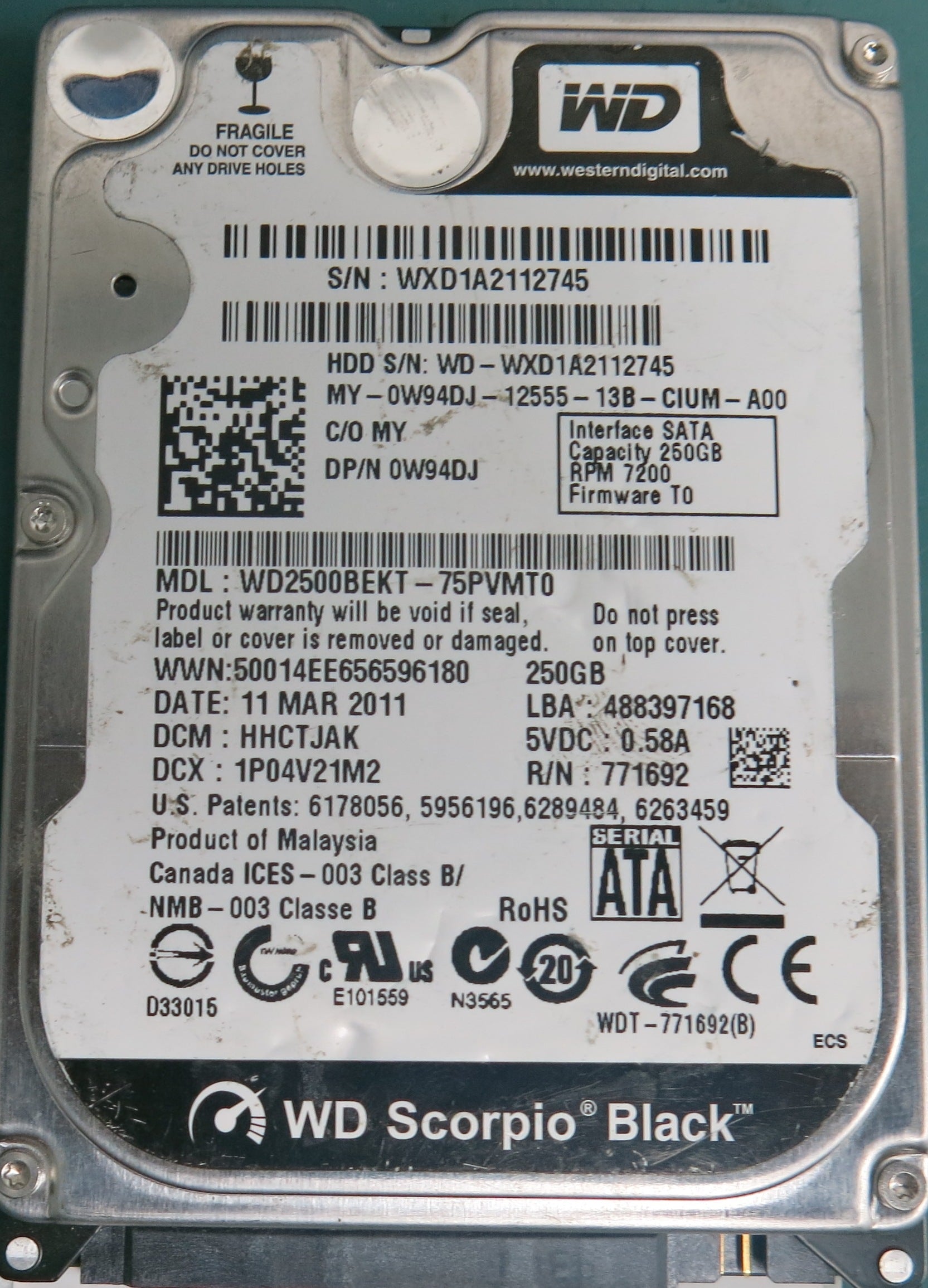 WD2500BEKT-75PVMT0, HHCTJAK, WXD1A2112745, 250GB 2.5, PCB 2060-771692-005  REV A